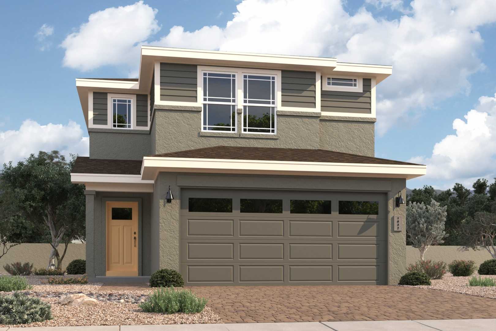 Modern 2-story exterior of The Augusta A with gray siding, white trim, large windows, 2-car garage, and desert landscaping in Prescott Arizona