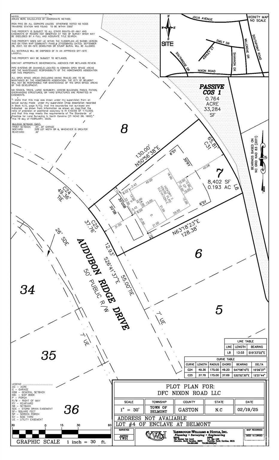 Site plat map of Enclave at Belmont subdivision, Belmont NC, showing numbered lots, Audubon Ridge Drive, and boundary lines for Davidson Homes