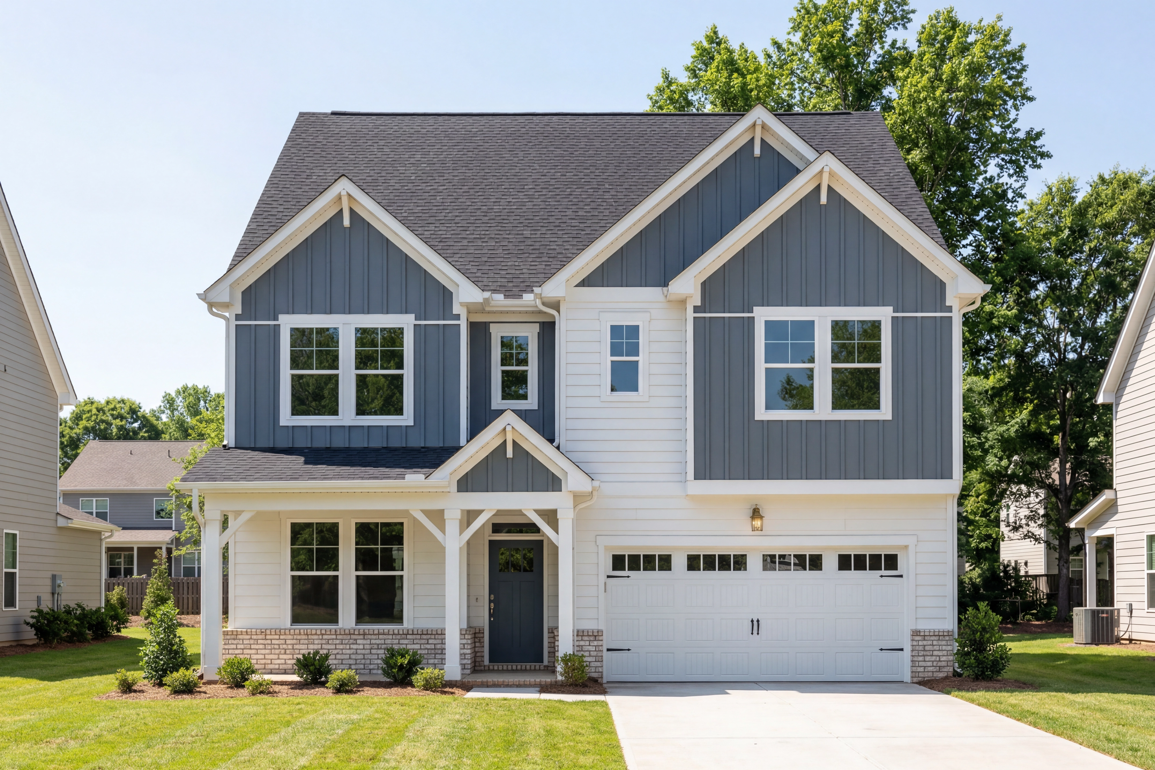 Two-story Beech B farmhouse exterior in Belmont NC with blue shakes, white siding, gabled roof, covered porch, and two-car garage