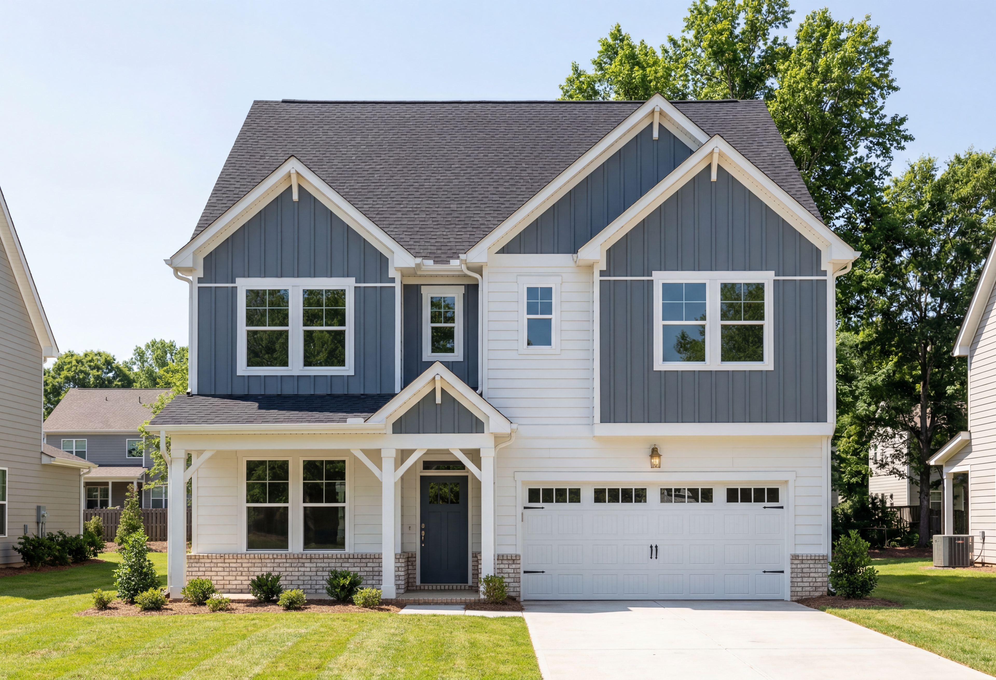 Two-story Beech B farmhouse exterior in Belmont NC with blue shakes, white siding, gabled roof, covered porch, and two-car garage