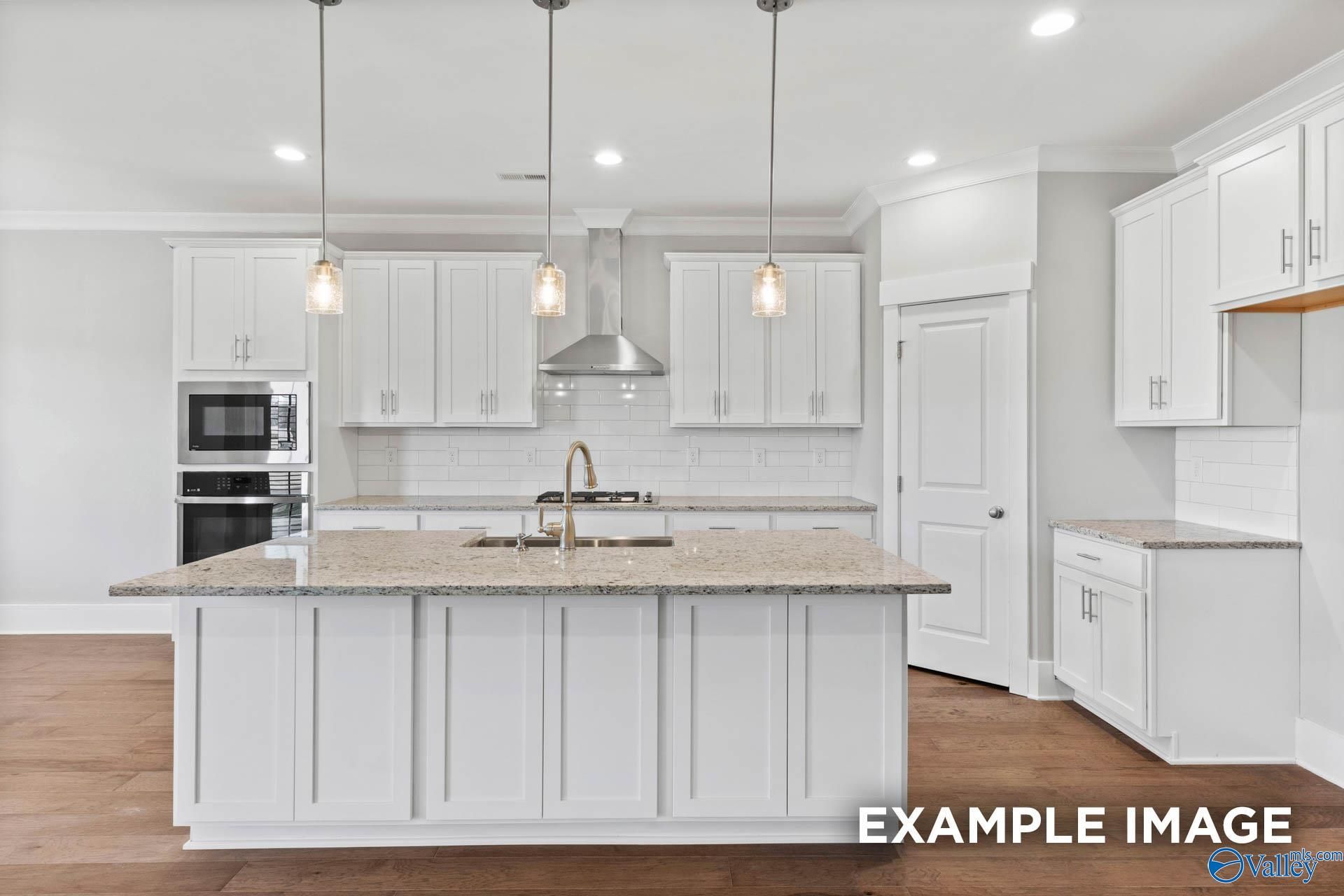 Spacious modern kitchen with white cabinets, granite island sink, stainless appliances, subway tile backsplash in Davidson Homes The Rockford, Meridianville, Alabama