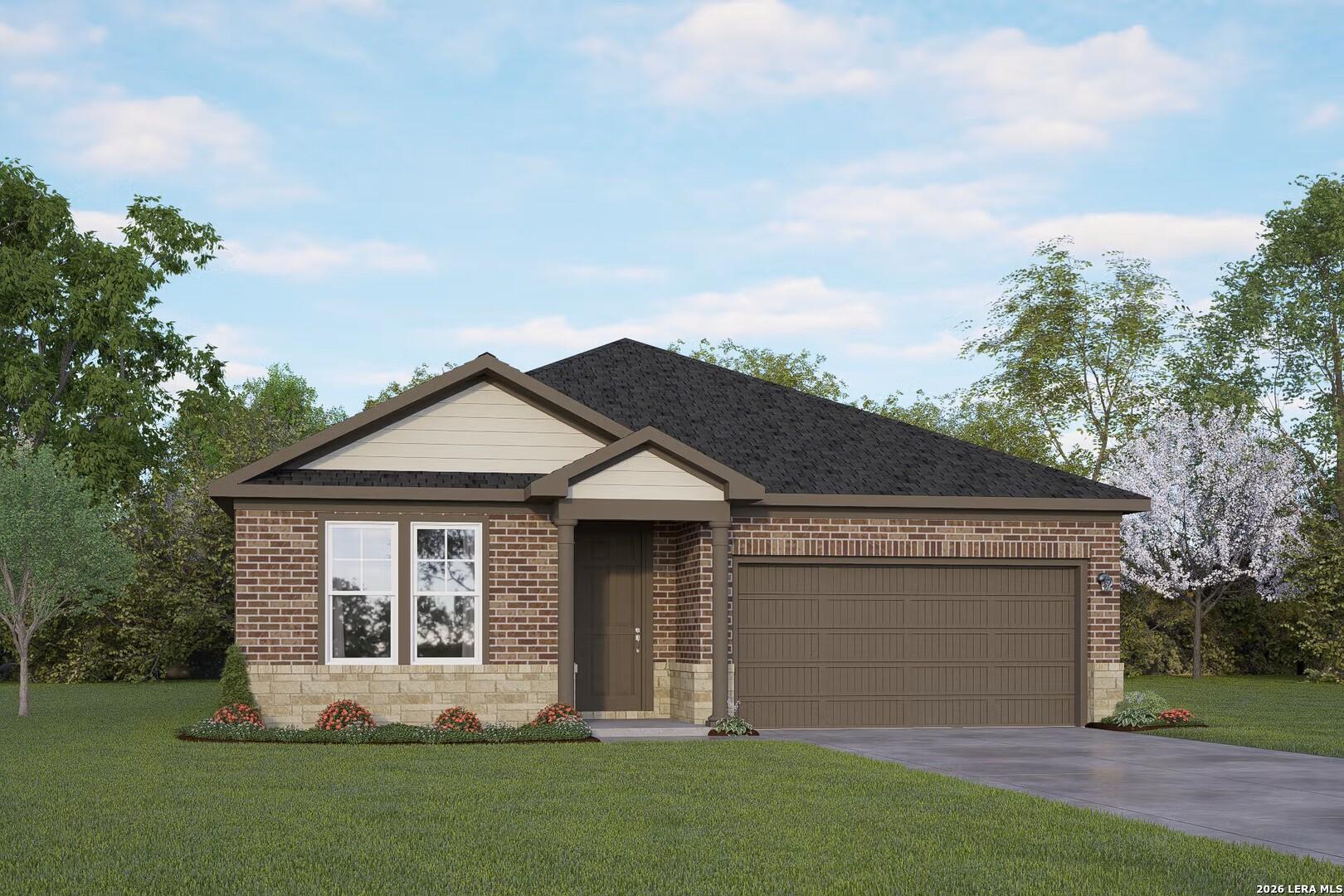 Modern 1-story brick home with 2-car garage, front porch, and lush landscaping in Bricewood, San Antonio, Texas - Davidson Homes The Daphne K