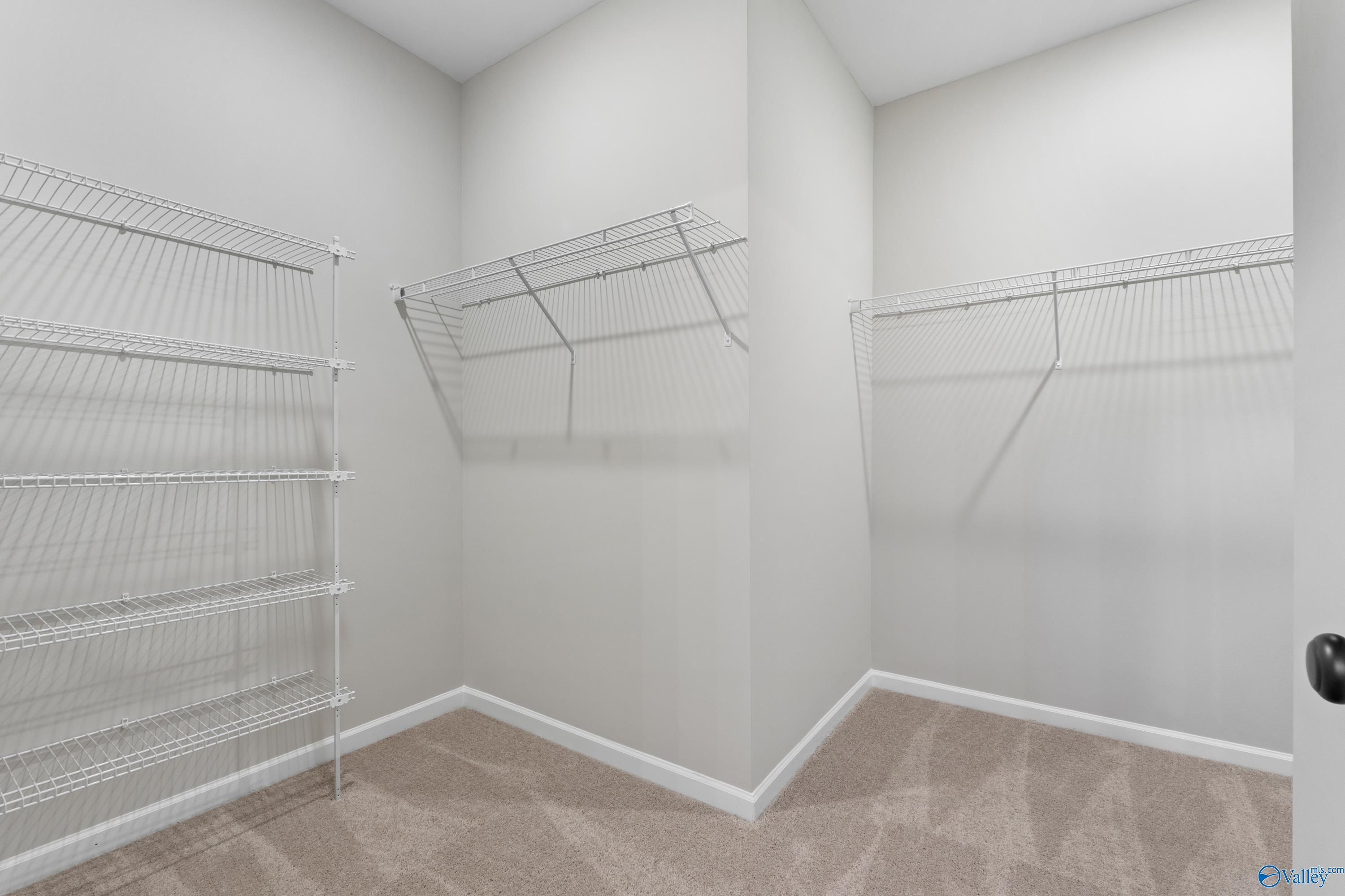 Spacious walk-in closet with wire shelving and hanging rods in master suite, Davidson Homes The Phoenix, Hazel Green, AL