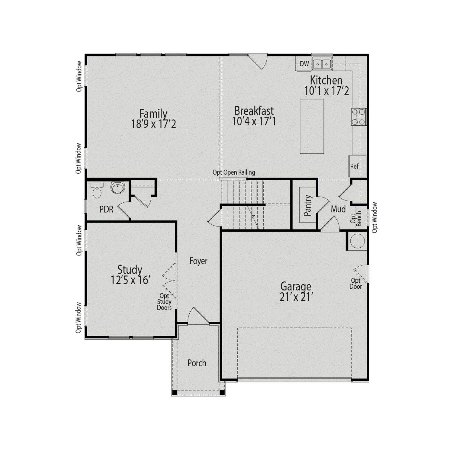 First floor layout of The Hickory II A featuring open family room, kitchen, breakfast area, study, and 2-car garage