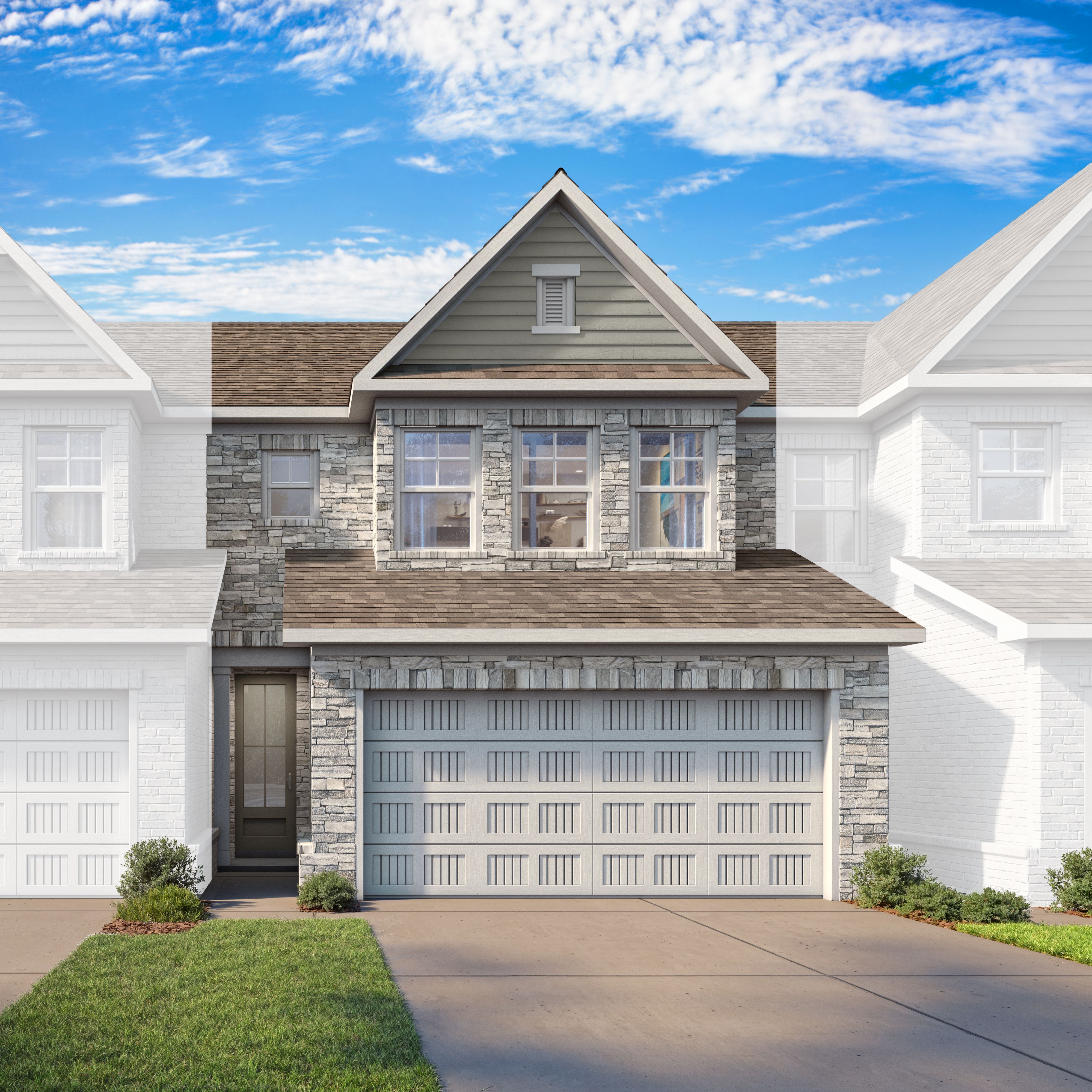 Modern two-story Marion B LS elevation with stone facade, shingle roof, two-car garage, and landscaped driveway