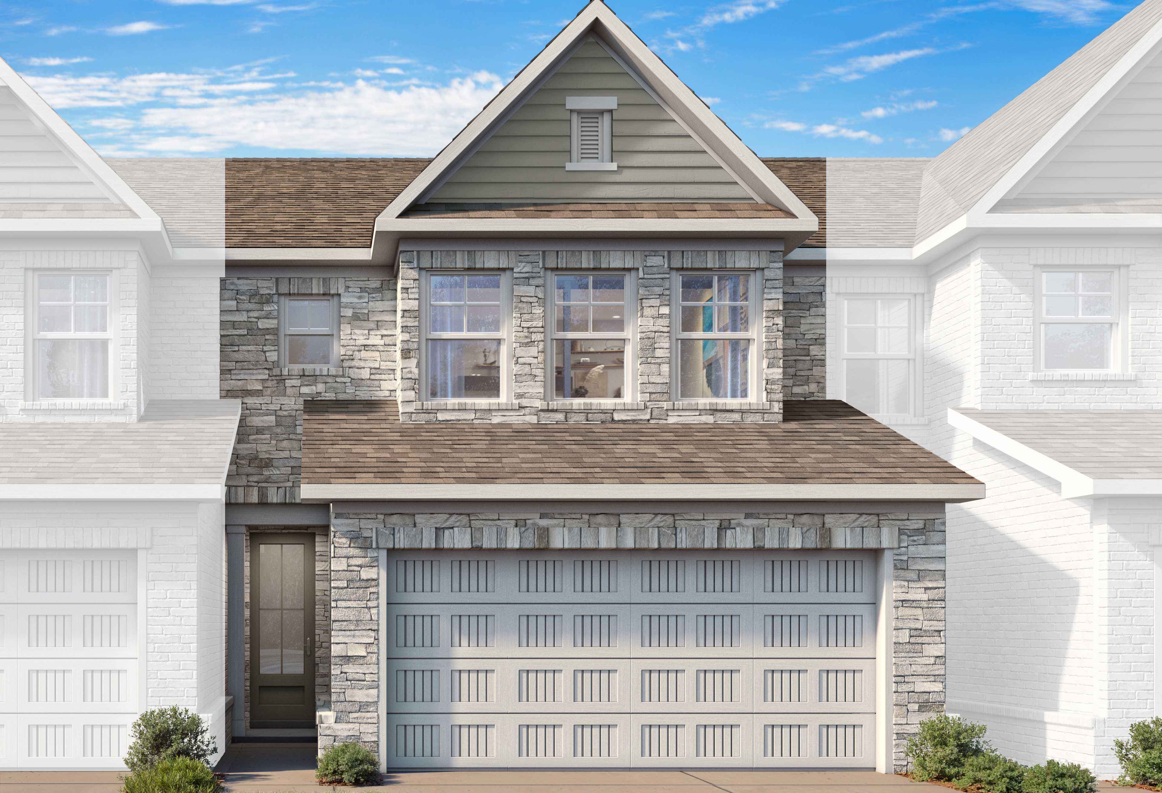 Modern two-story Marion B LS elevation with stone facade, shingle roof, two-car garage, and landscaped driveway