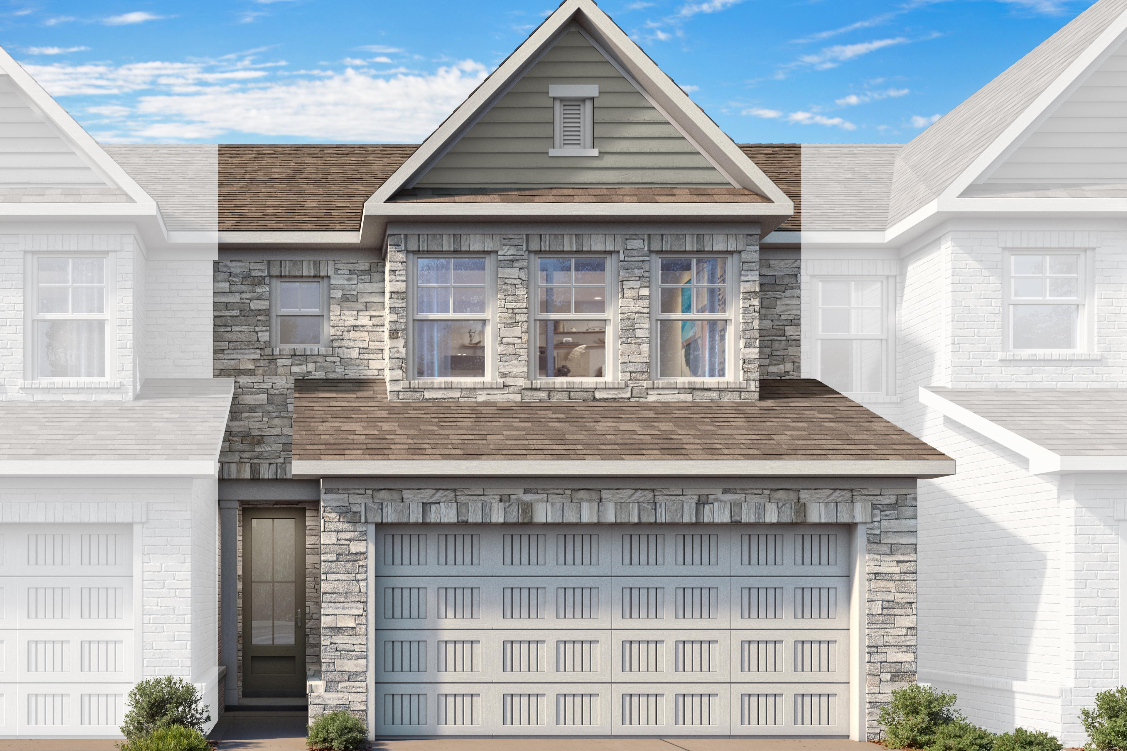 Modern two-story Marion B LS elevation with stone facade, shingle roof, two-car garage, and landscaped driveway