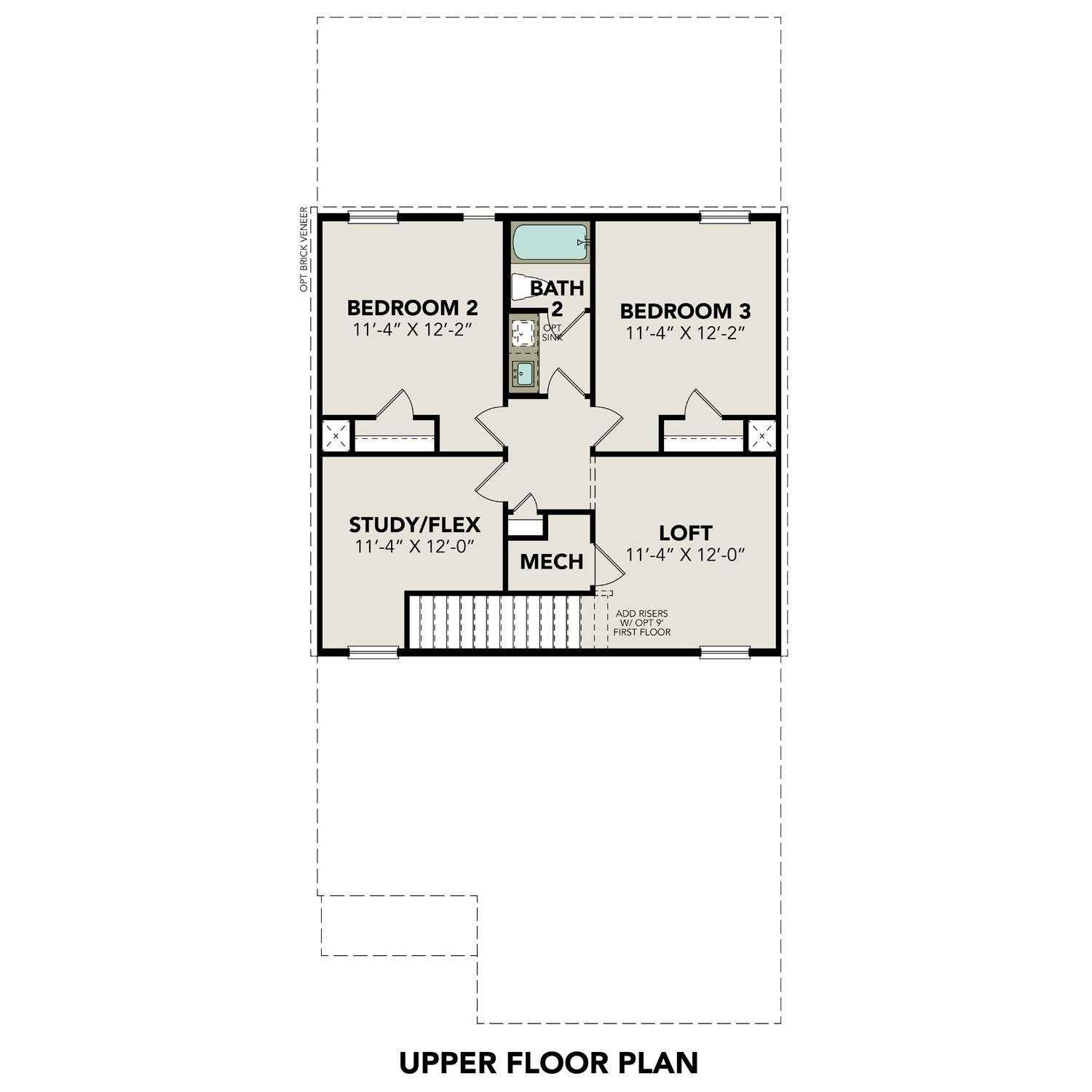 Upper floor plan of The Sabine E: two bedrooms, shared bath, loft, study/flex in Davidson Homes Conroe, Texas