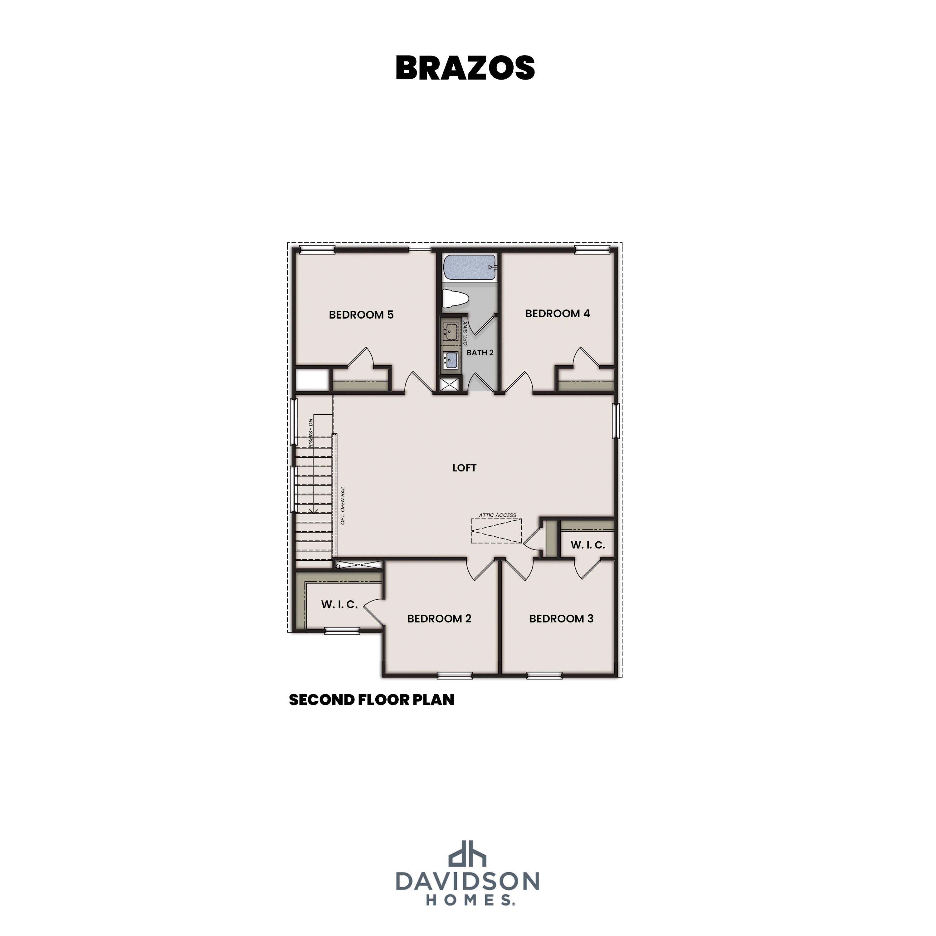 Upper floor plan of The Brazos E showcasing loft, bedrooms 4 and 5, bathroom, and sitting area in 2-story home design