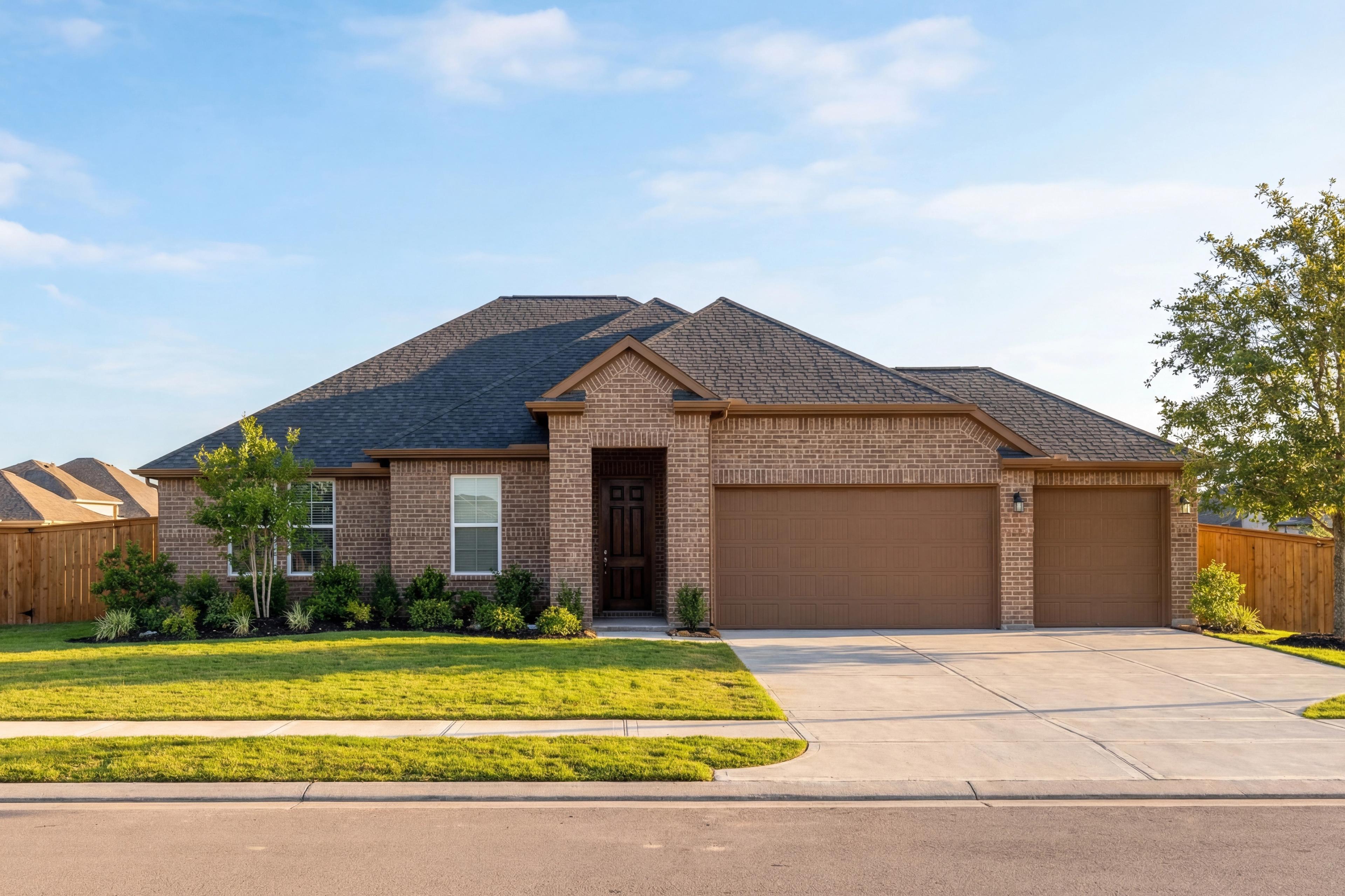 Brick single-story The Edward A home with 3-car garage, dark shingled roof, and landscaped yard in Texas City