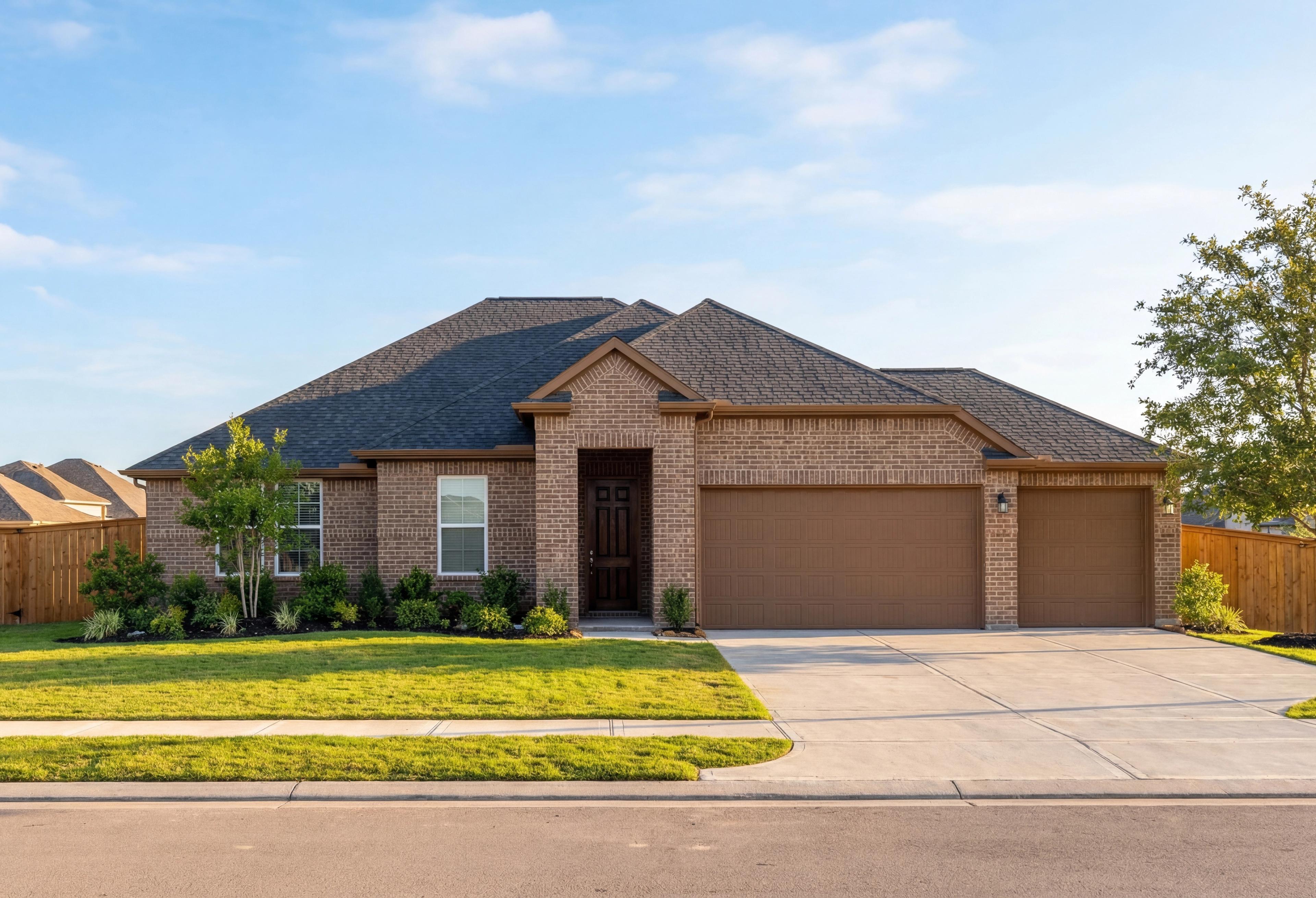 Brick single-story The Edward A home with 3-car garage, dark shingled roof, and landscaped yard in Texas City