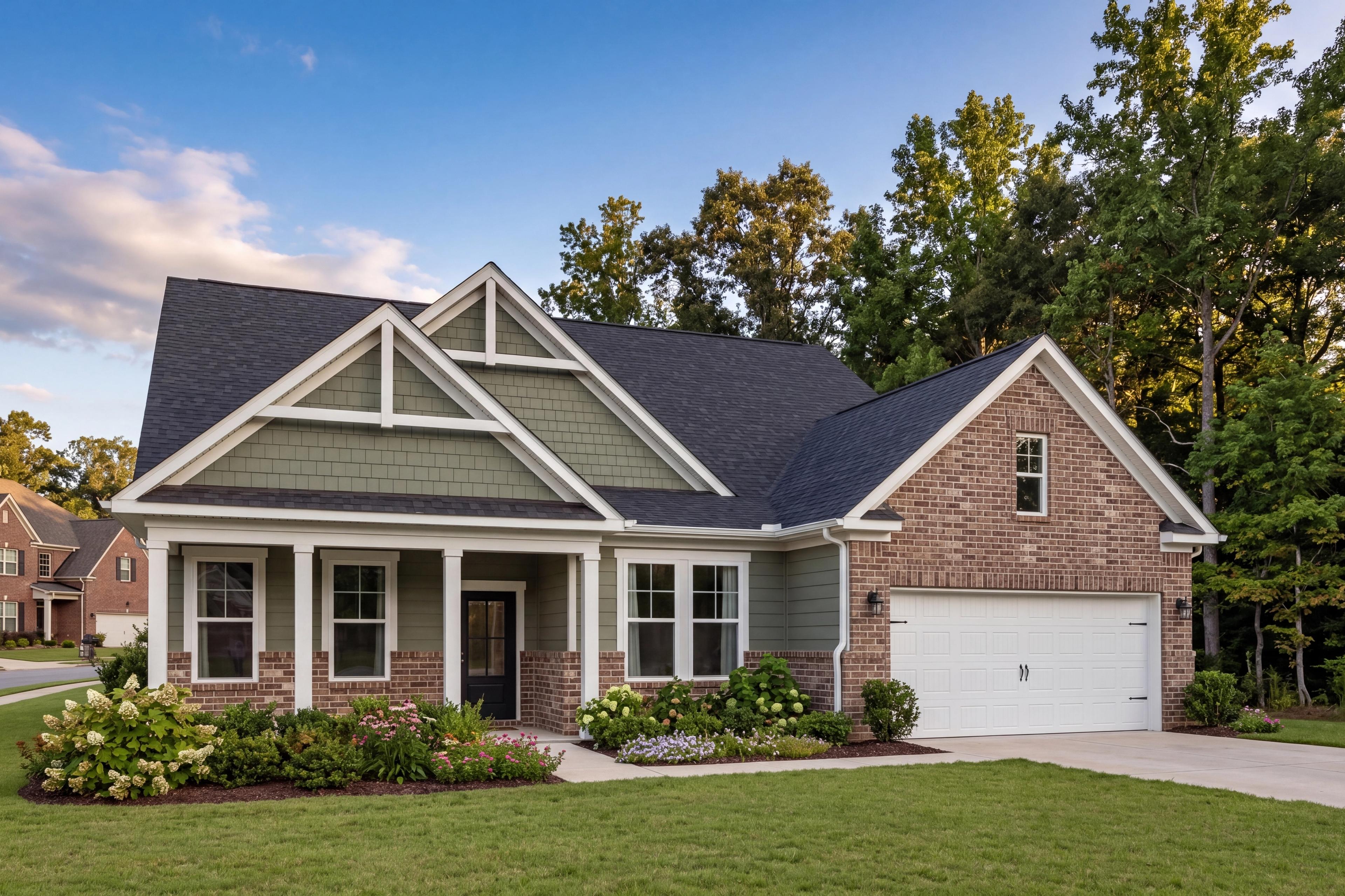 The Magnolia C single-family home in Priceville, Alabama, featuring a brick and cement exterior with a 2-car garage.