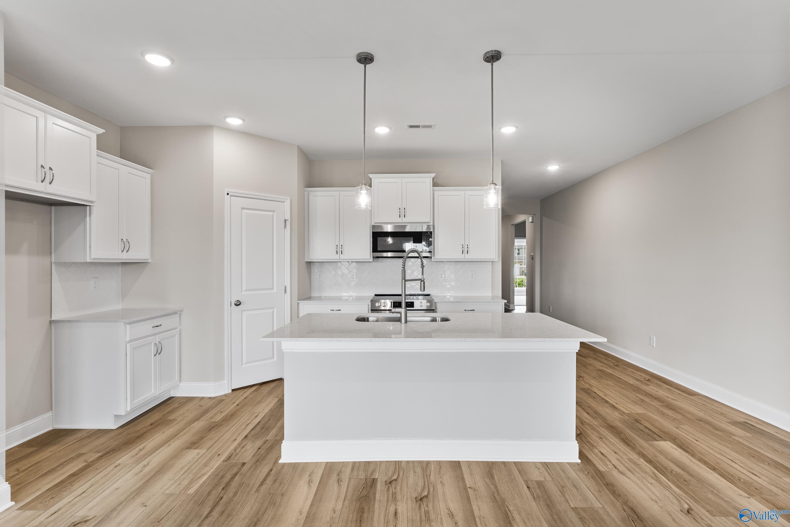 Modern white kitchen island with farmhouse sink and stainless appliances in Davidson Homes The Daphne C, Harvest, Alabama