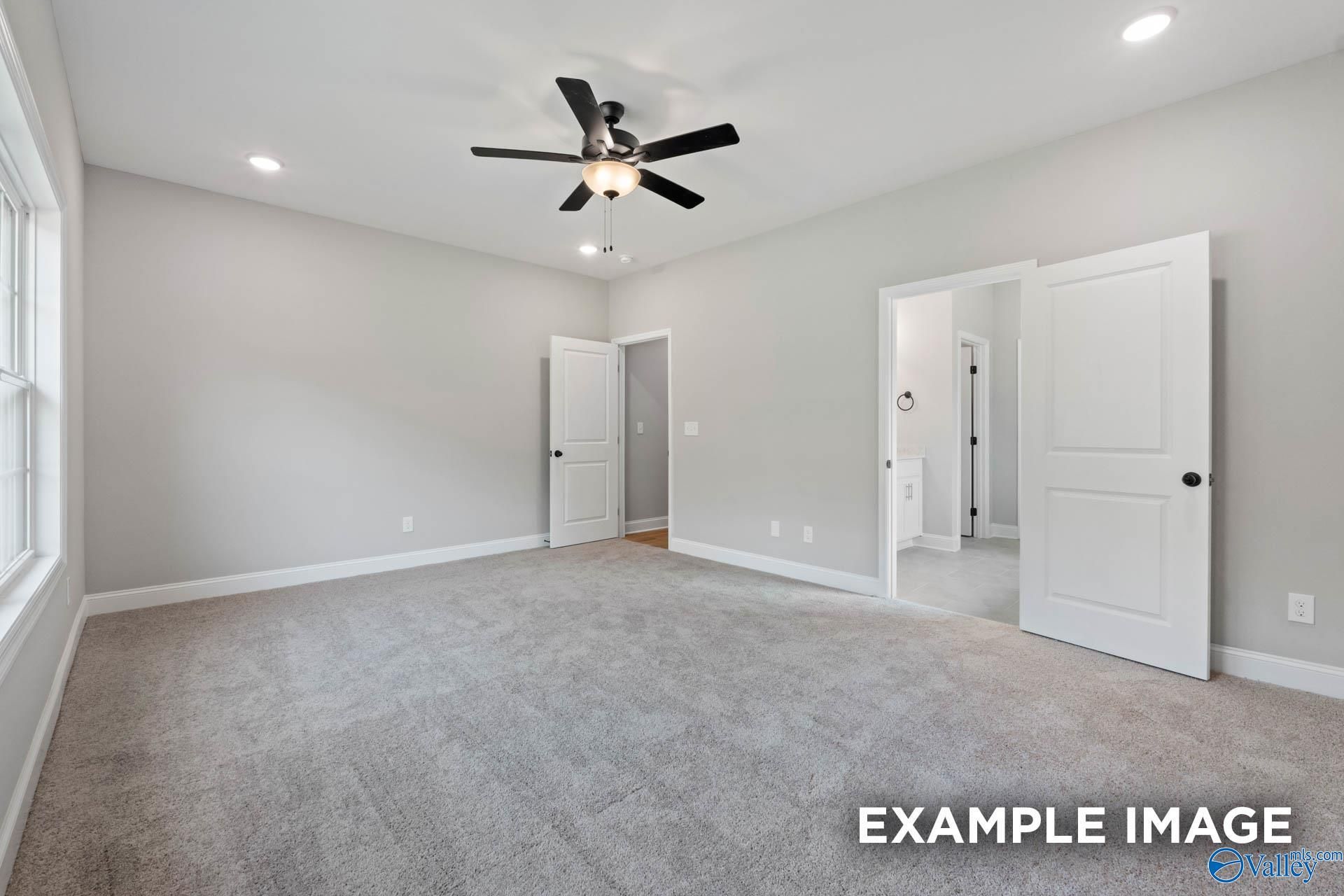 Spacious master bedroom with ceiling fan, gray carpet, and en-suite bath door in Davidson Homes The Montgomery B, Toney, AL
