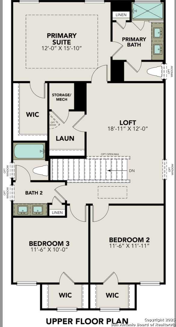 Upper floor plan of The Charlotte A: primary suite with bath, loft, bedrooms 2 & 3, closets in 3-bed Davidson Homes, San Antonio