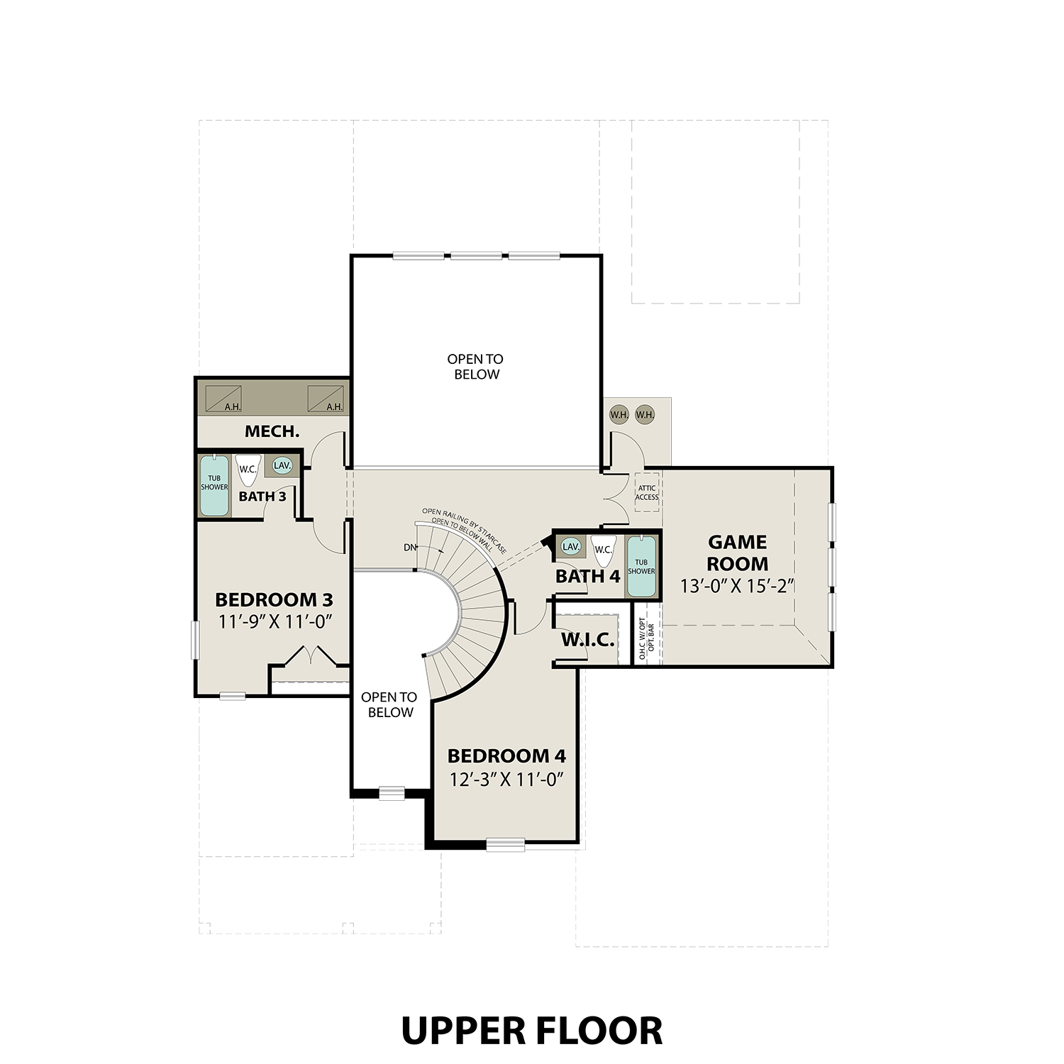 Second floor layout of The Victoria showcasing Bedroom 3, Bath 3, curved staircase, Bedroom 4, Bath 4, and game room