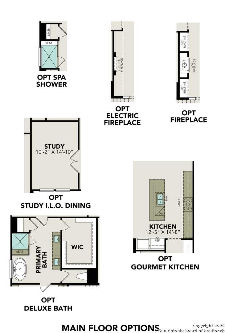 Main floor plan options with study, gourmet kitchen, primary bath, spa shower, and electric fireplace for The Belmont G in Castroville, Texas