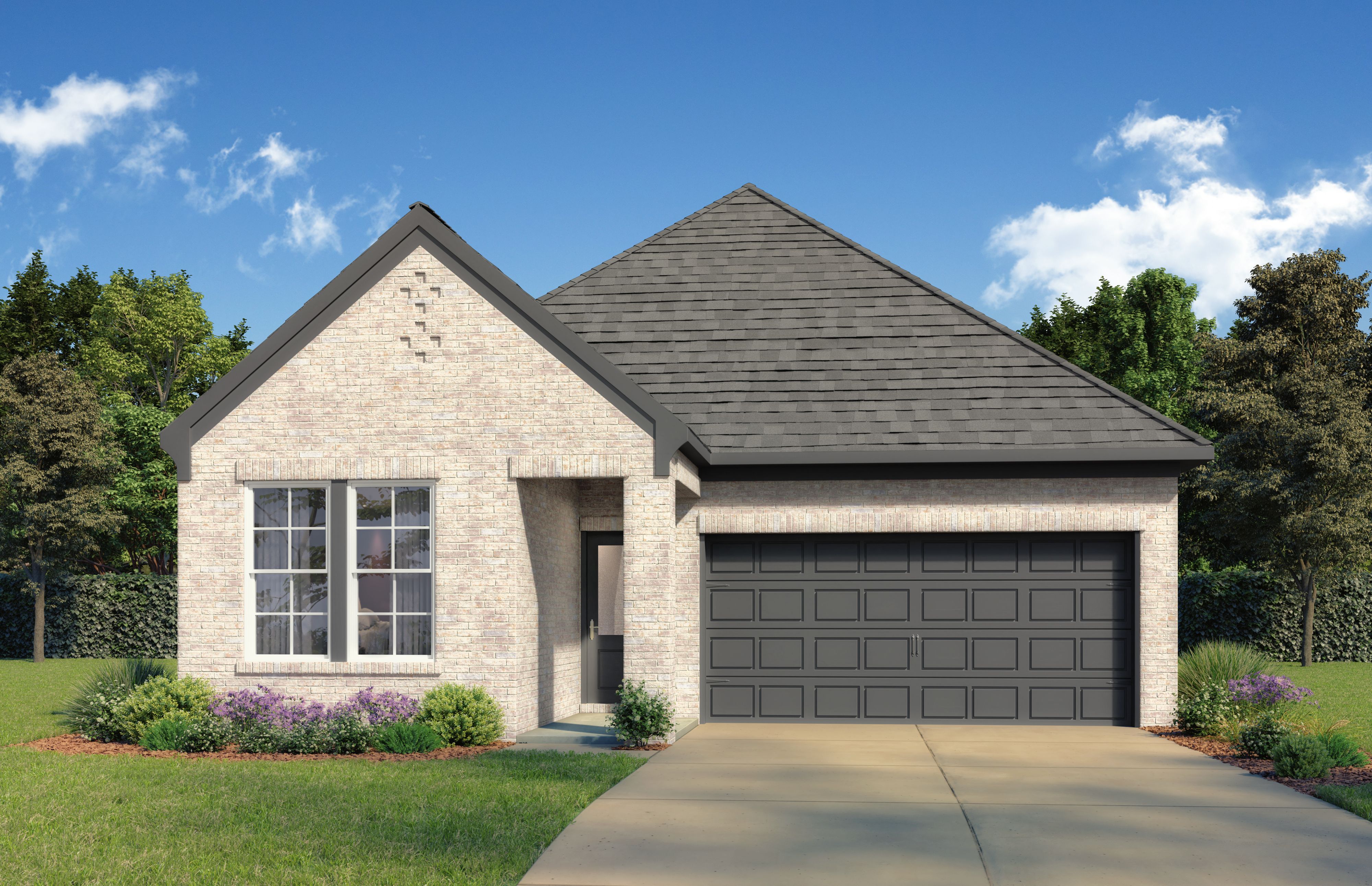 Brookside E 3-bedroom home elevation featuring brick facade, gabled gray roof, 2-car garage, and landscaped yard in Crosby Texas