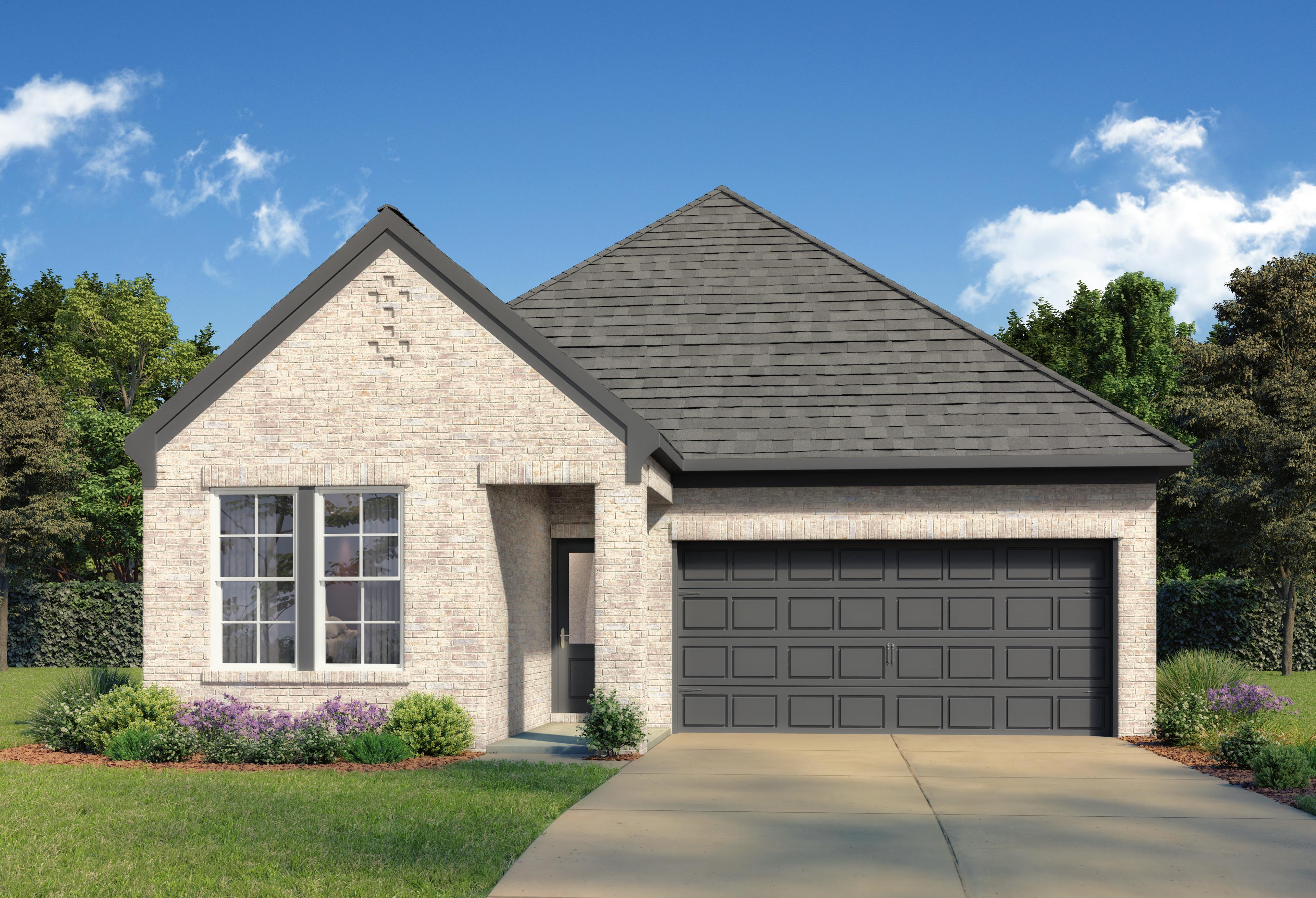 Brookside E 3-bedroom home elevation featuring brick facade, gabled gray roof, 2-car garage, and landscaped yard in Crosby Texas