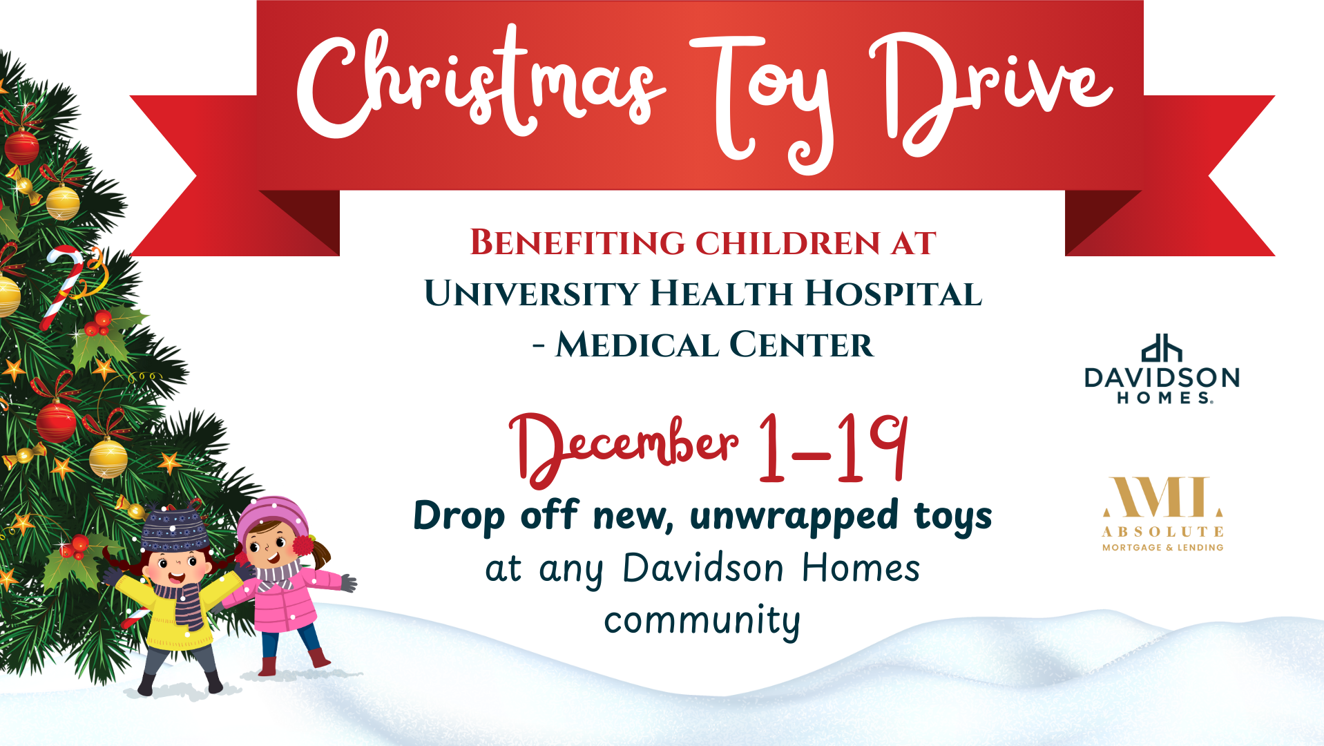 Festive Christmas Toy Drive banner with kids in winter gear, tree ornaments, and drop-off details for unwrapped toys at Davidson Homes San Antonio communities