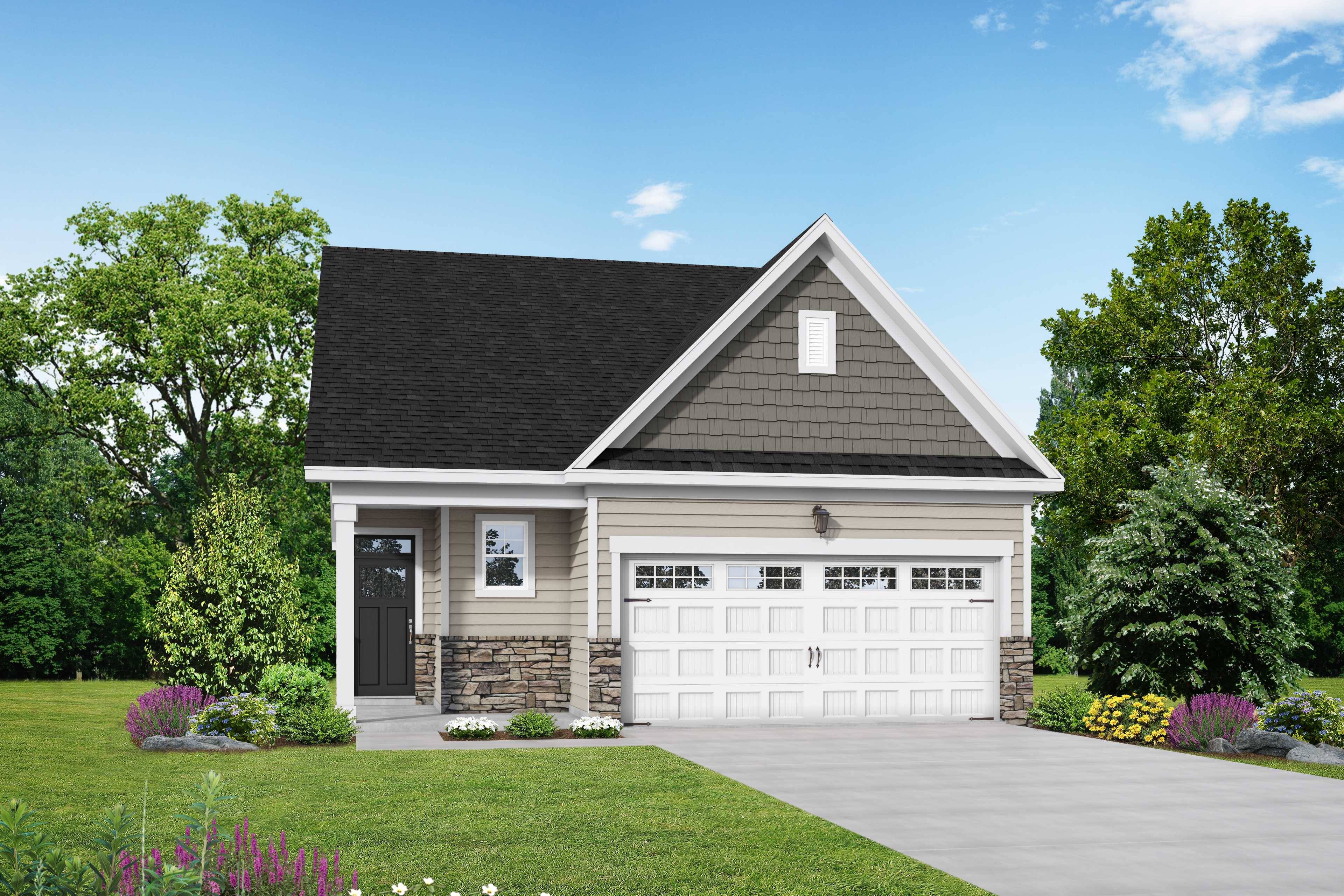 Modern single-story exterior of The Carter A home design featuring gray siding, stone accents, white 2-car garage, and landscaped yard in Lillington NC