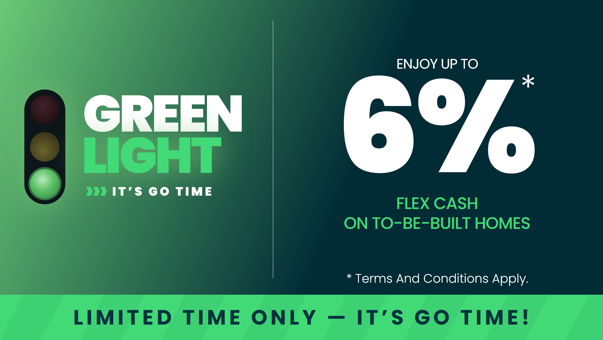Green Light promotional graphic advertising up to 6% flex cash on to-be-built new homes in San Antonio, limited time only