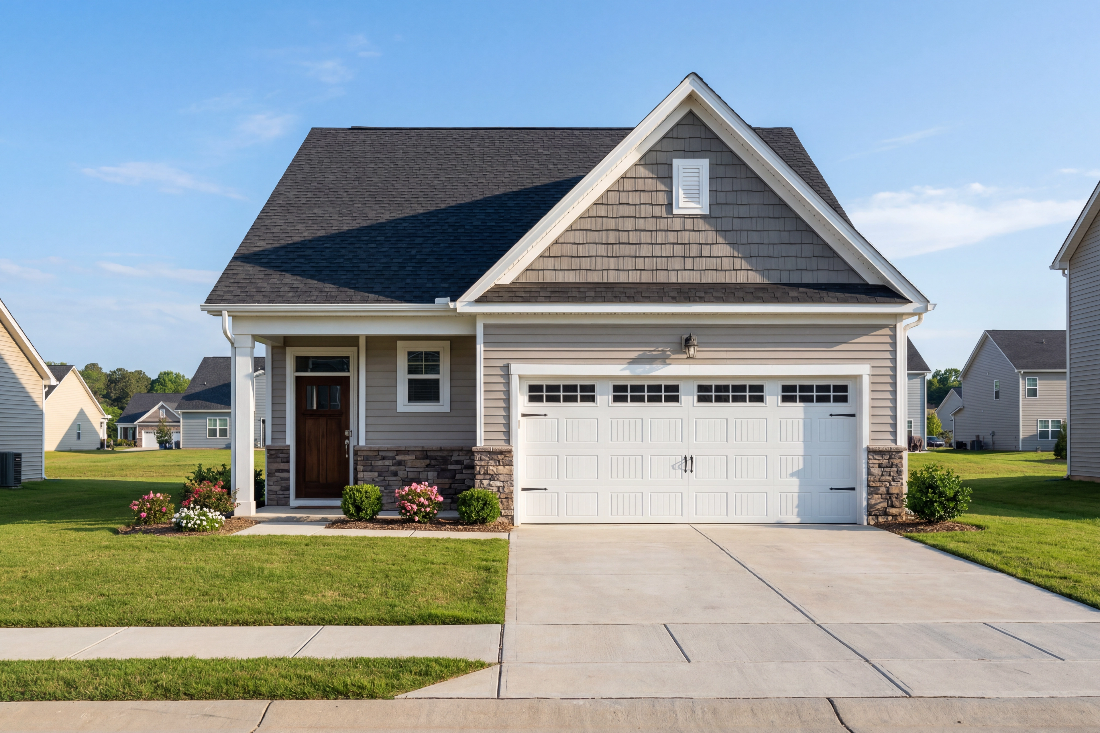 Modern single-story Carter A home exterior featuring gray siding, black shingle roof, covered porch, 2-car garage, and landscaped front yard