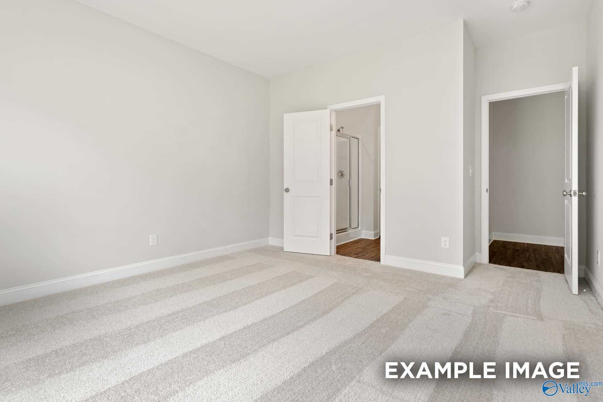 Modern master bedroom with en-suite bathroom and glass shower in Davidson Homes The Asheville C, Meridianville, Alabama