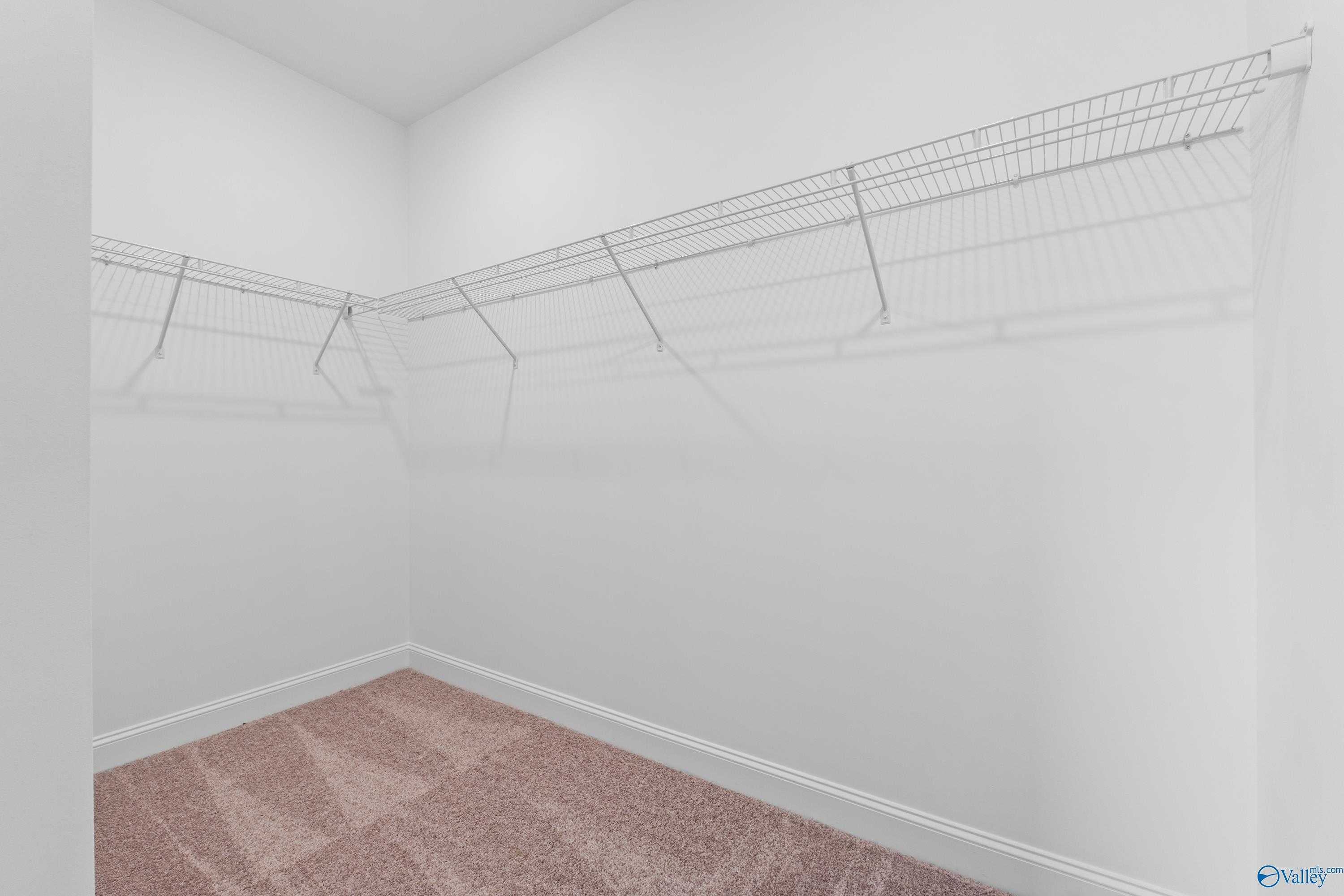 Spacious walk-in closet with wire shelving and beige carpet in Davidson Homes The Kirkland with Bonus, Harvest AL