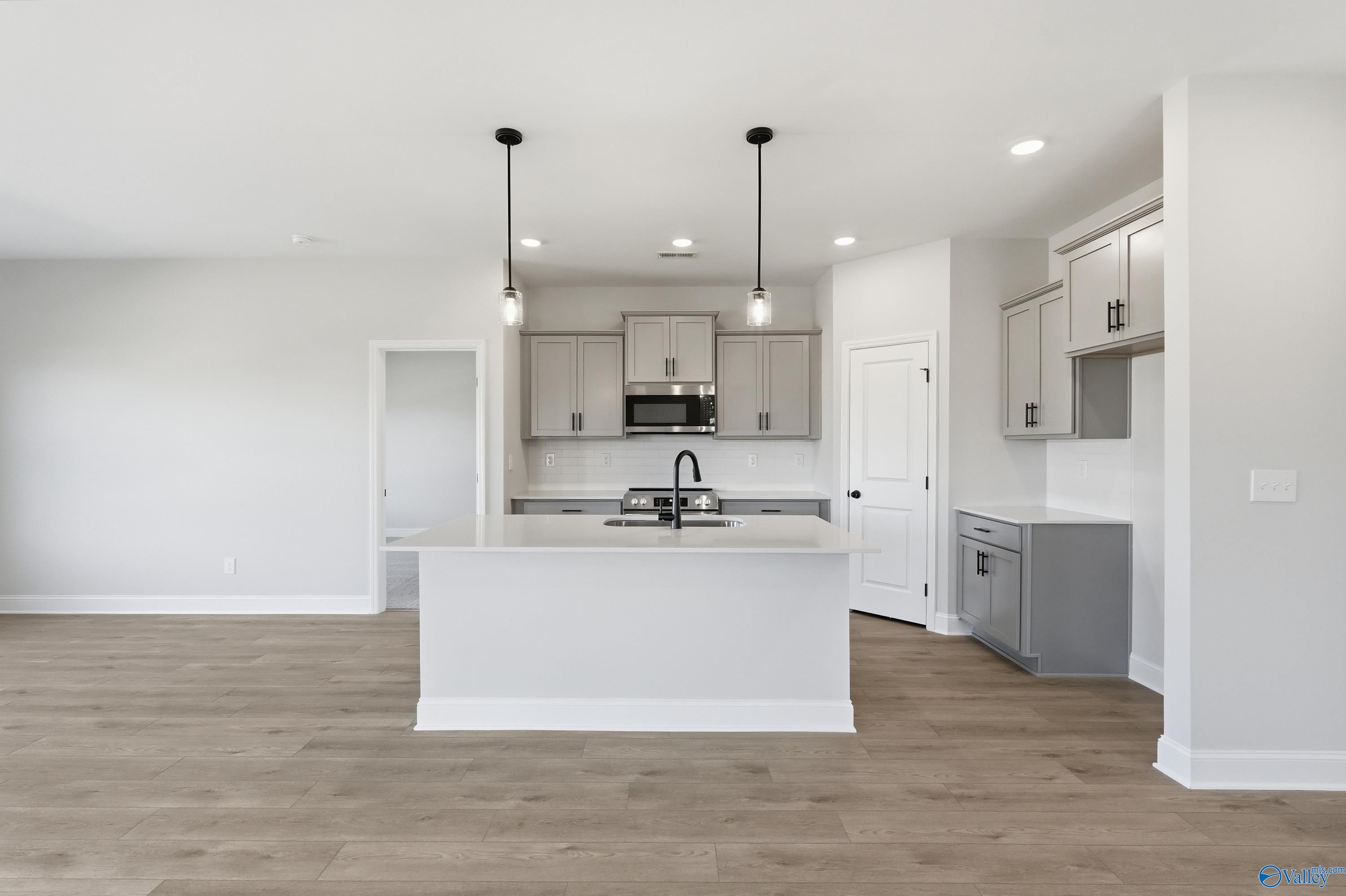 Modern white kitchen island with sink, stainless appliances, and hardwood floors in Davidson Homes The Franklin C, New Market, AL