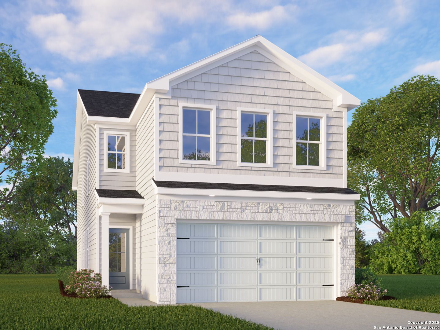 Modern two-story Gillian B home by Davidson Homes featuring white siding, stone accents, two-car garage in Meadows at Oak Creek, San Antonio, Texas