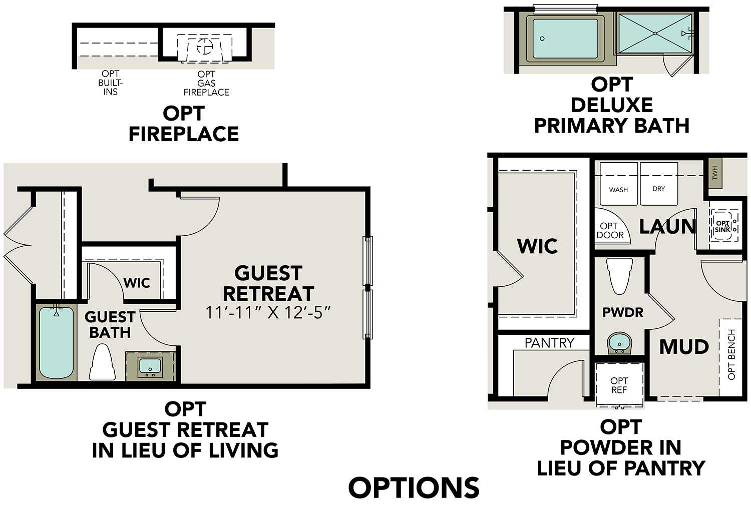 The Lanier floor plan showcasing guest bath, retreat options, and deluxe primary bath with laundry, pantry, and mud room layouts