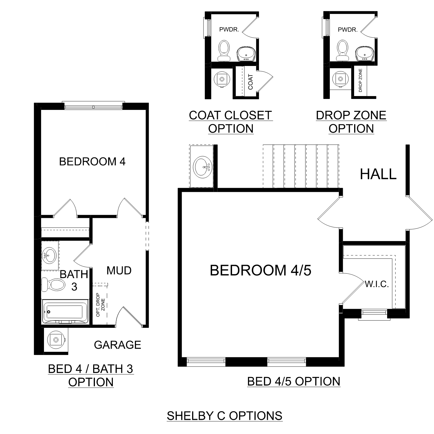The Shelby C floor plan featuring two-car garage, optional bedroom 4/5, bath 3, mudroom, and drop zone in Meridianville home design