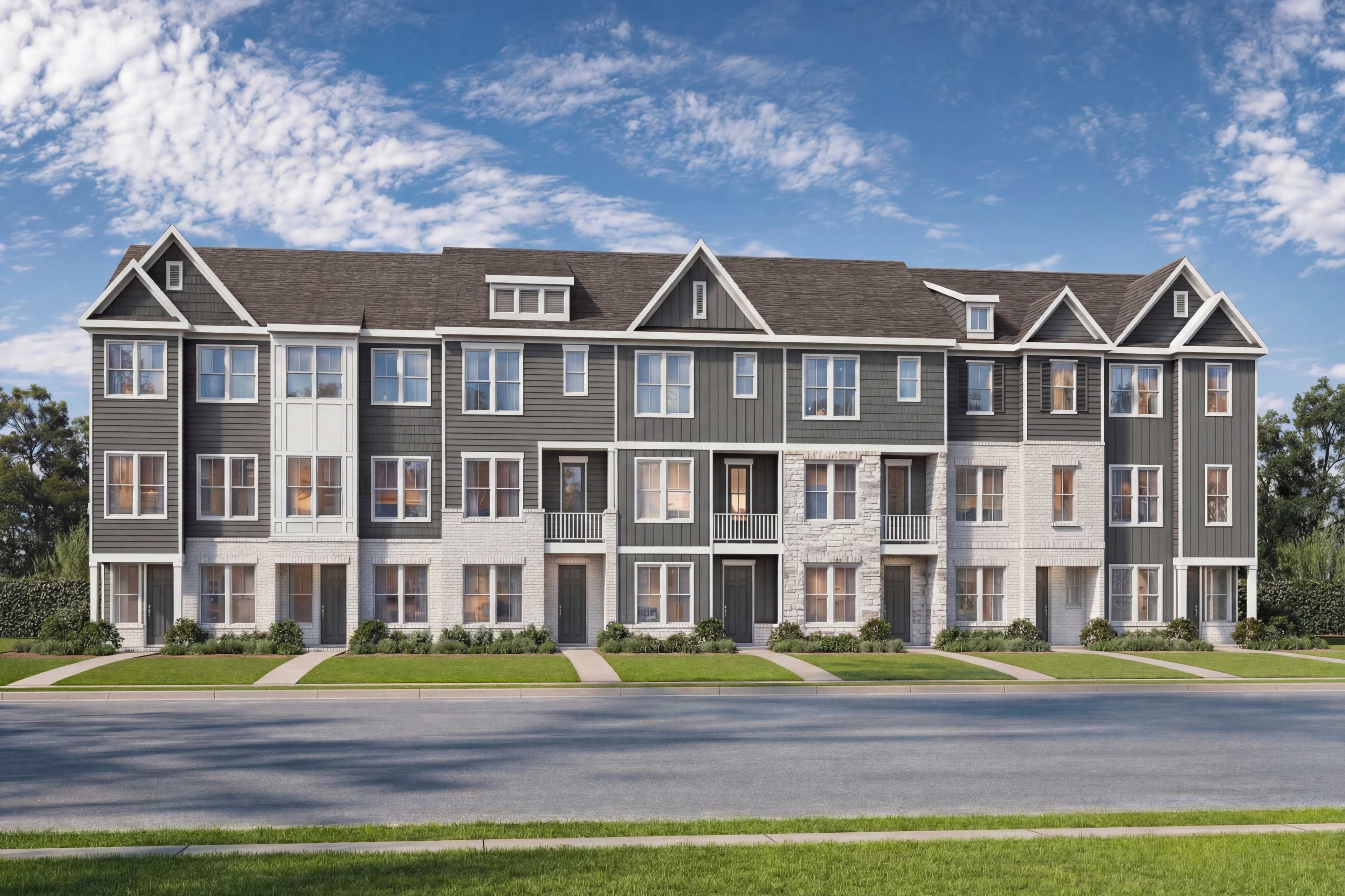 Row of modern gray townhomes at Grafton Trace in Woodstock, Georgia with pitched roofs, large windows and green lawns