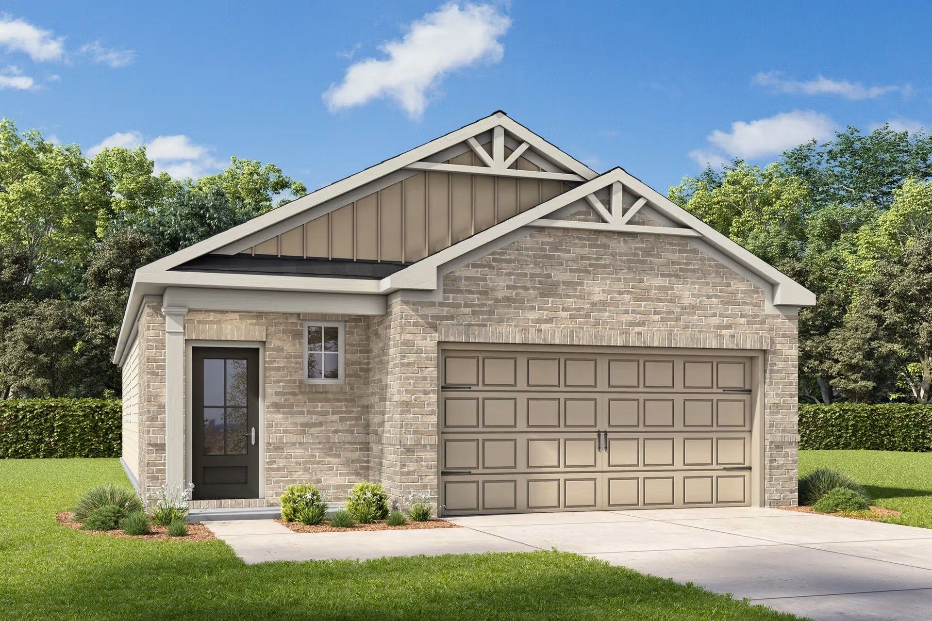 Single-story 3-bedroom home with 2-car garage, The Frio F floor plan by Davidson Homes in Heartland, Texas.