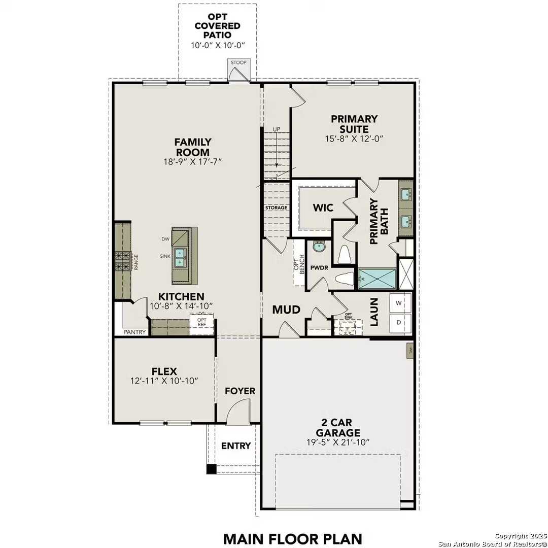 Main floor plan of Davidson Homes The Douglas F: open kitchen, family room, primary suite, 2-car garage in 4-bedroom home, Elmendorf, Texas