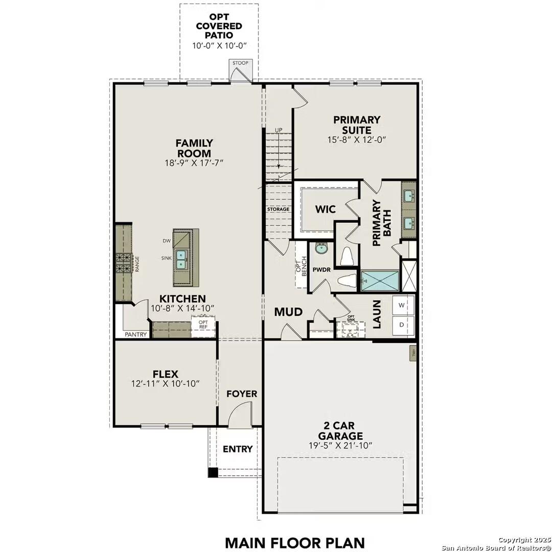 Main floor plan of Davidson Homes The Douglas F: open kitchen, family room, primary suite, 2-car garage in 4-bedroom home, Elmendorf, Texas