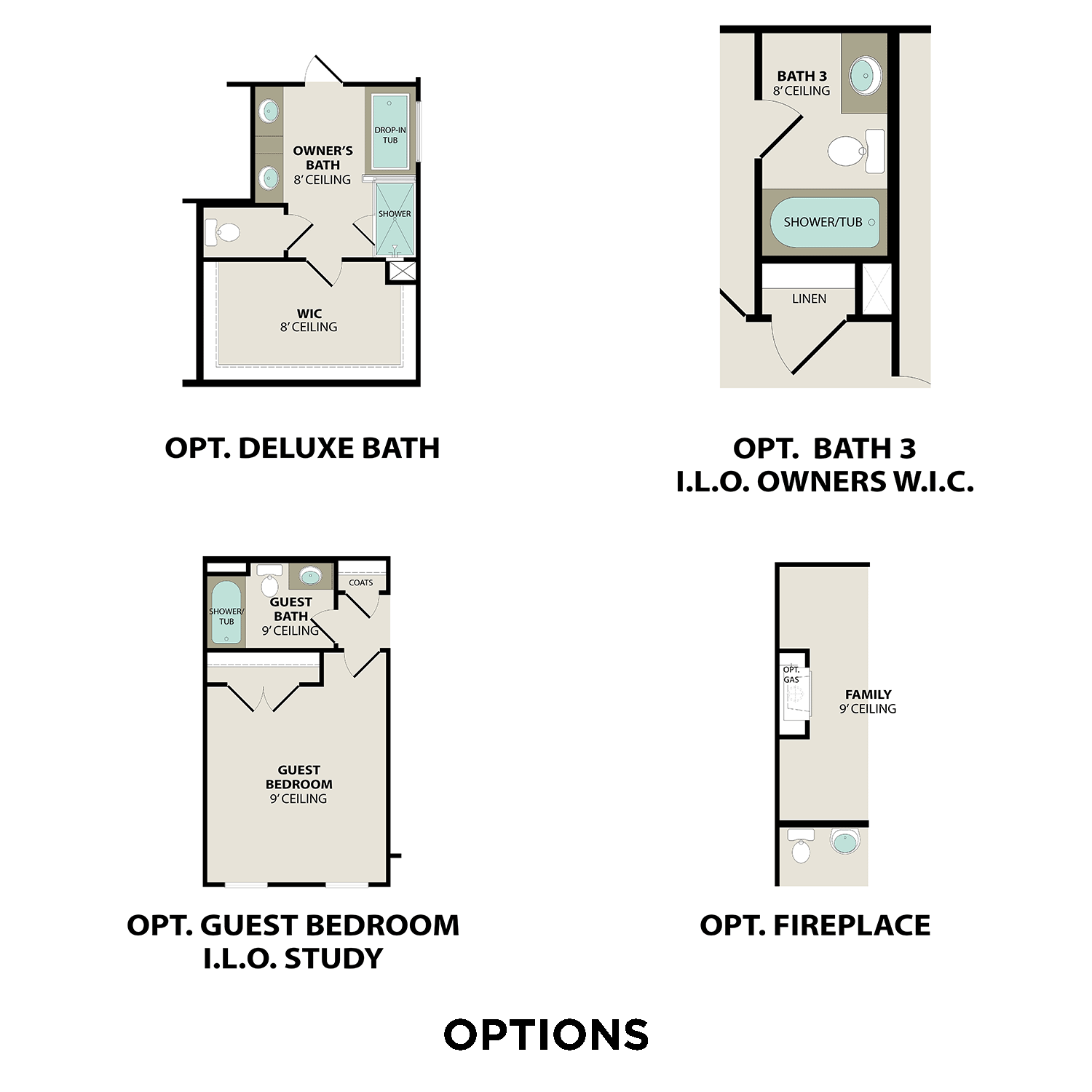 Optional deluxe bath, guest bedroom, and fireplace layouts for The Henry A 4-bedroom home plan by Davidson Homes