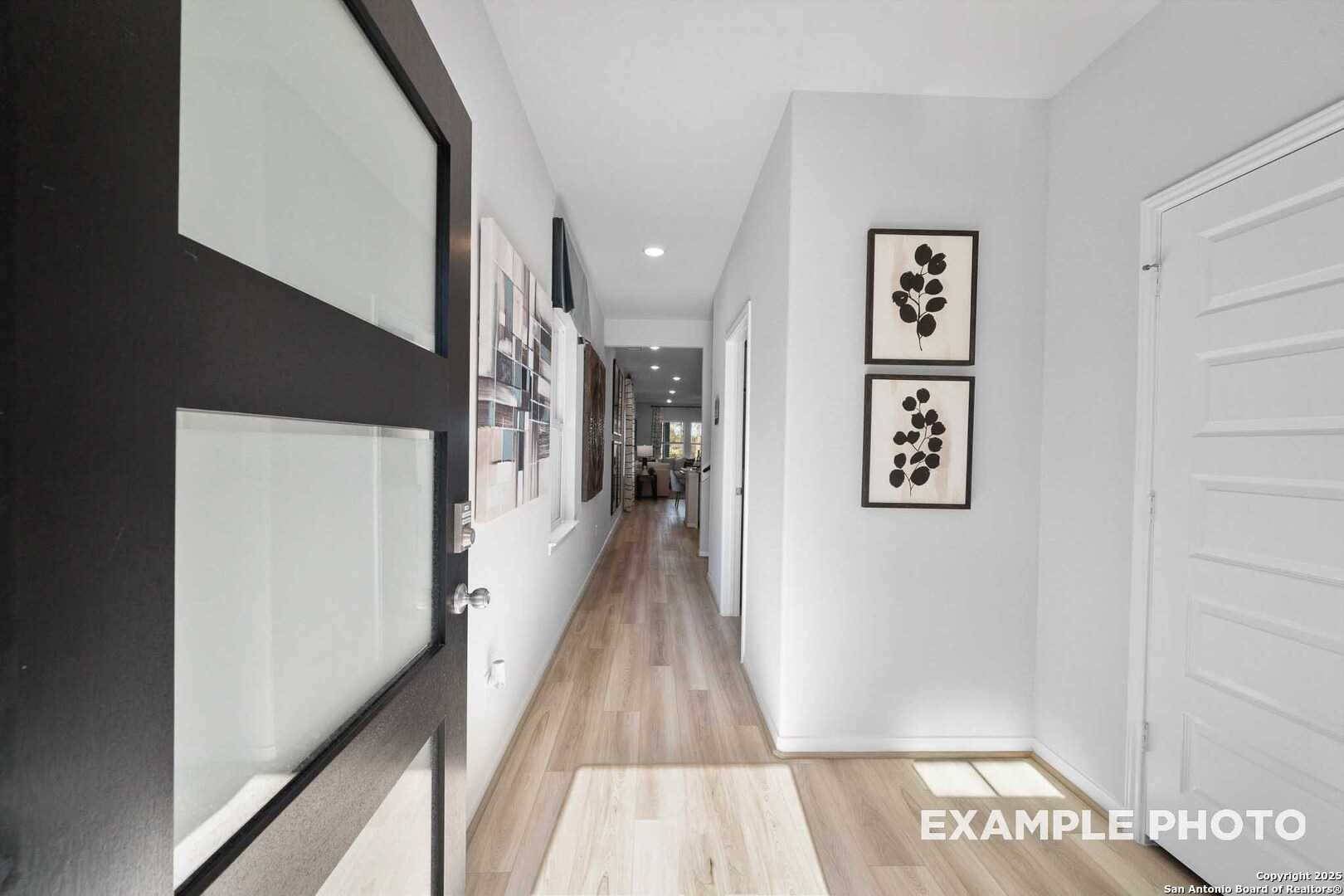Welcoming entry hallway with black frosted glass door, hardwood floors, white walls, and abstract art in Davidson Homes San Marcos D, San Antonio