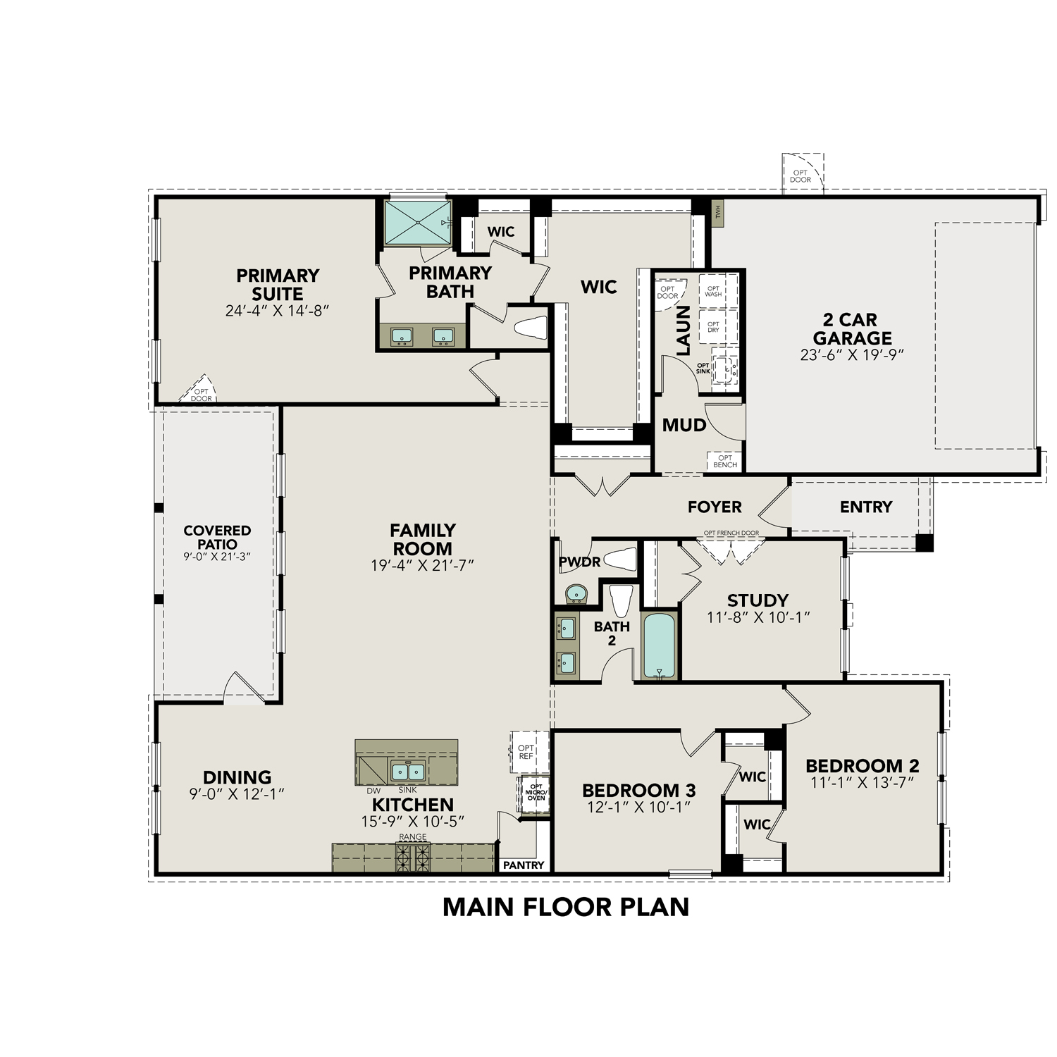 The Rockford 3-bedroom single-story floor plan with primary suite, open kitchen, family room, 2-car garage, and covered patio