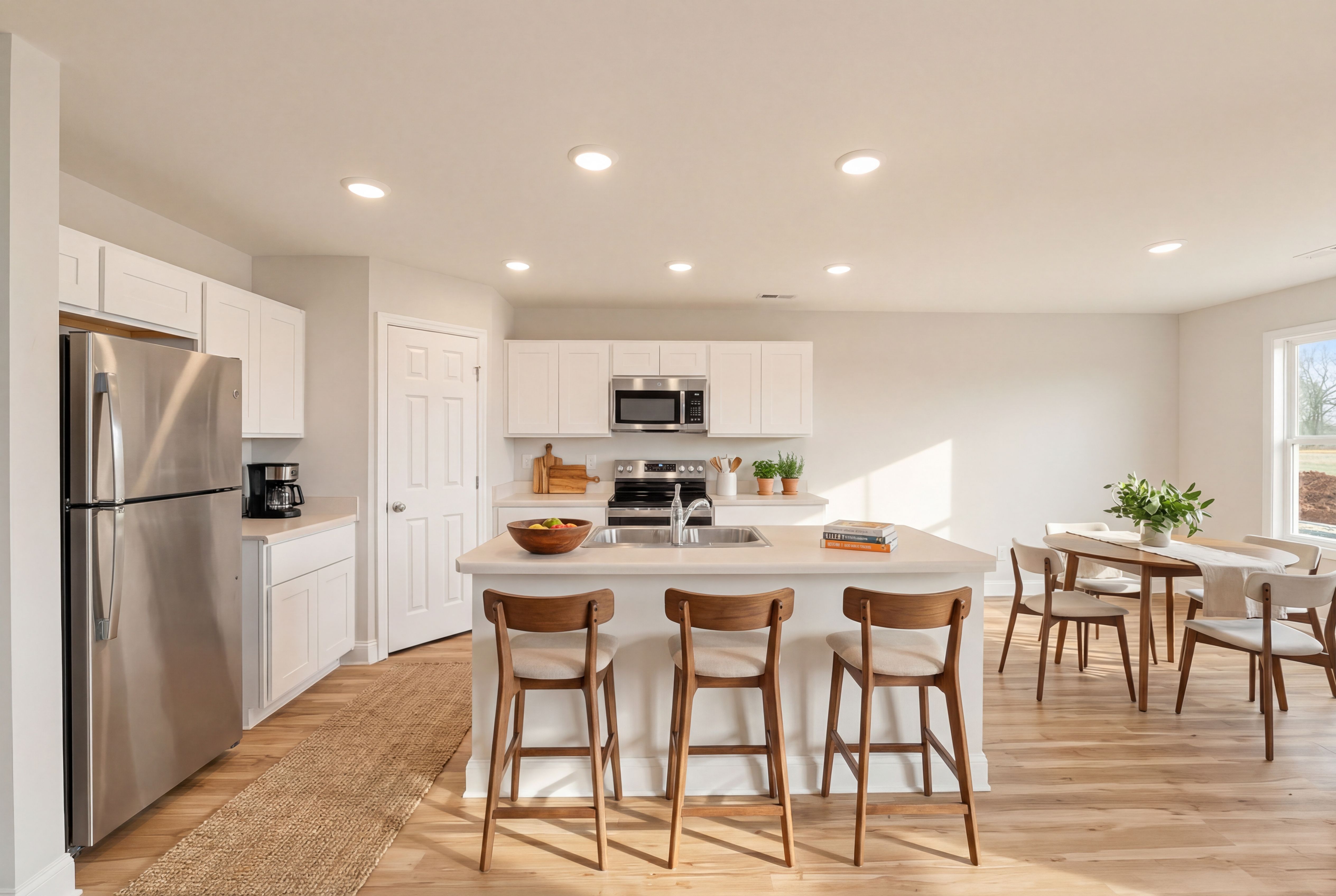 Spacious white kitchen at Kendall Glades in Toney Alabama with large island bar stools stainless steel appliances and hardwood floors