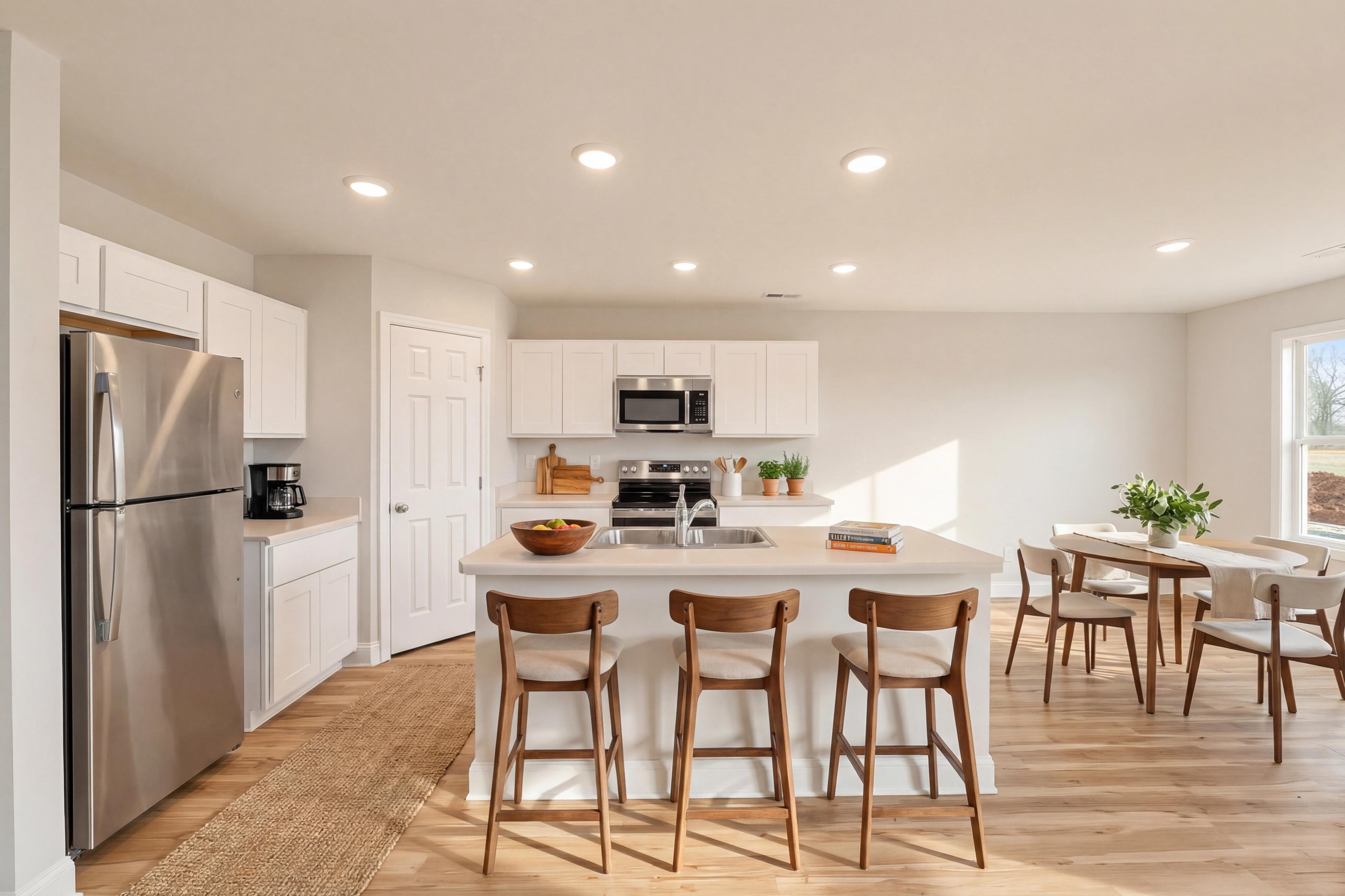 Spacious white kitchen at Kendall Glades in Toney Alabama with large island bar stools stainless steel appliances and hardwood floors