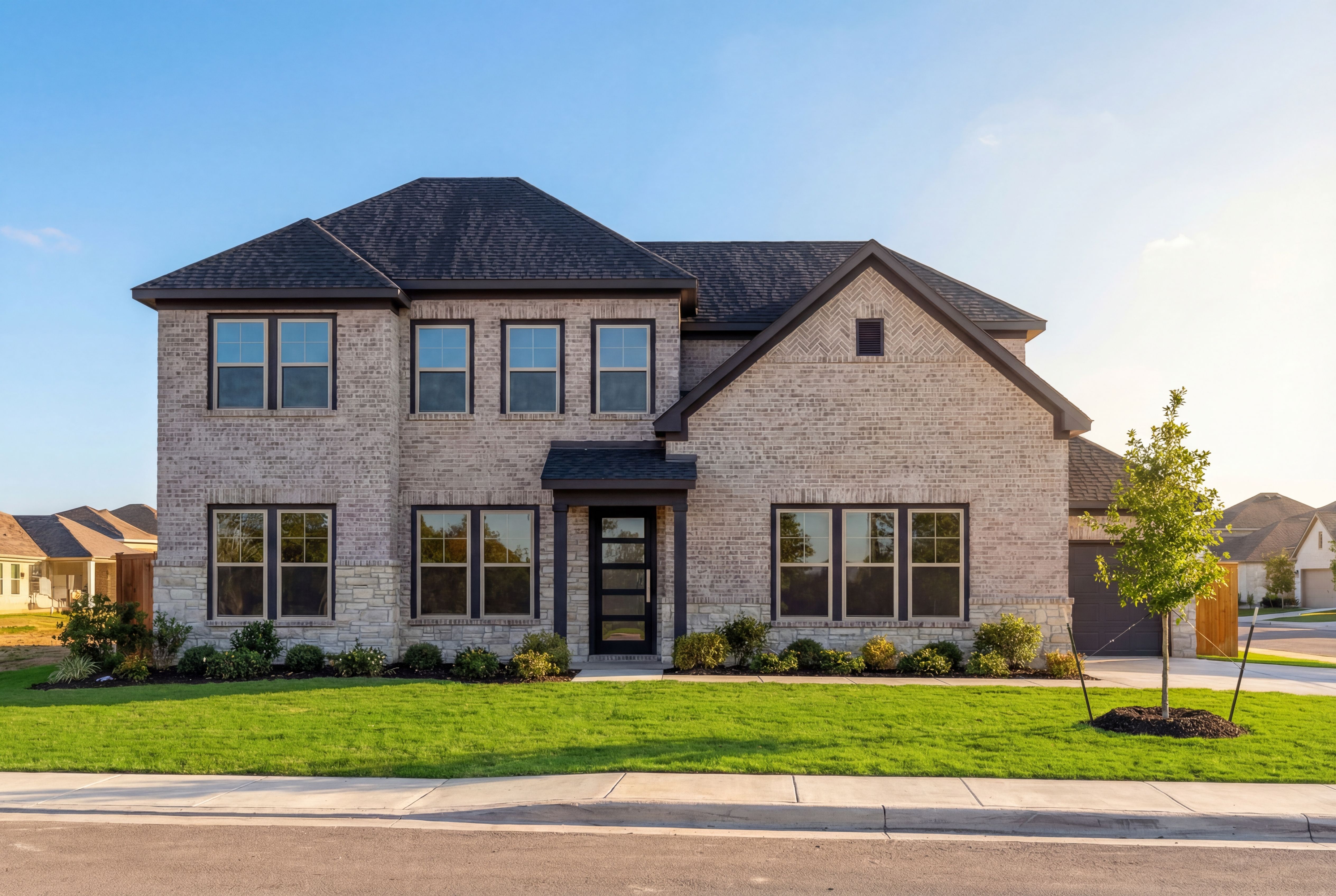 Modern two-story brick home, The Belmont G with 3-car garage, master suite, landscaped yard in Castroville Texas