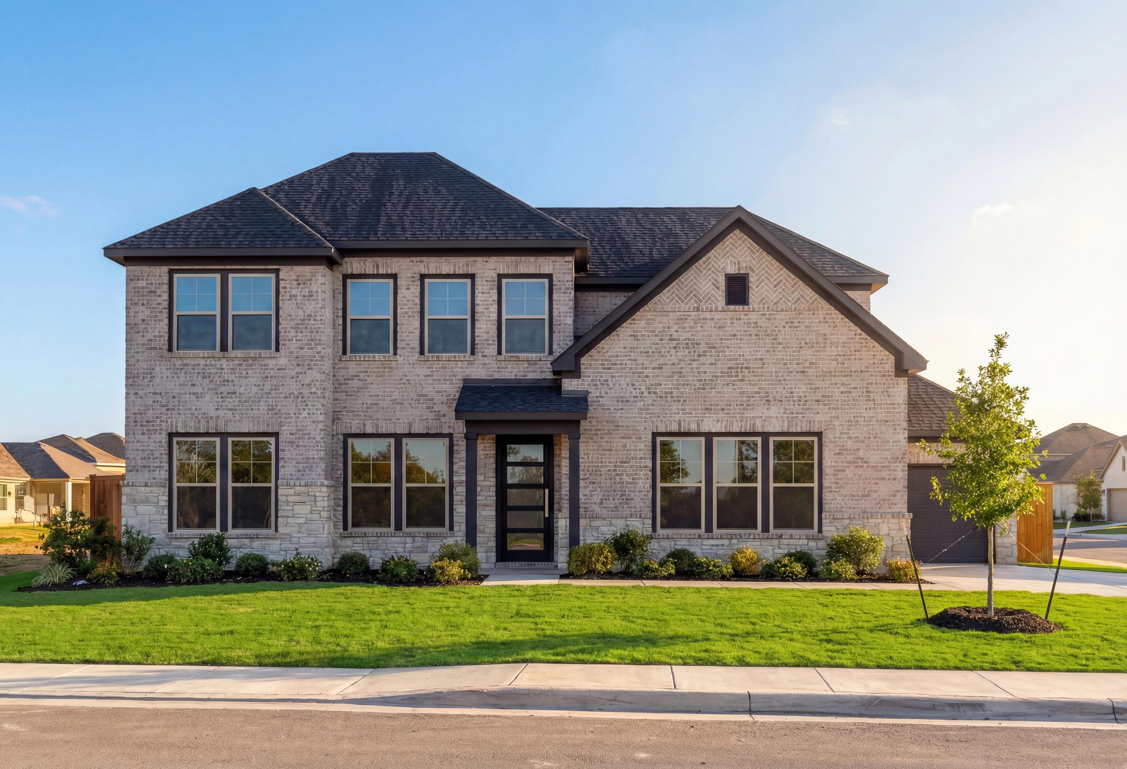 Modern two-story brick home, The Belmont G with 3-car garage, master suite, landscaped yard in Castroville Texas