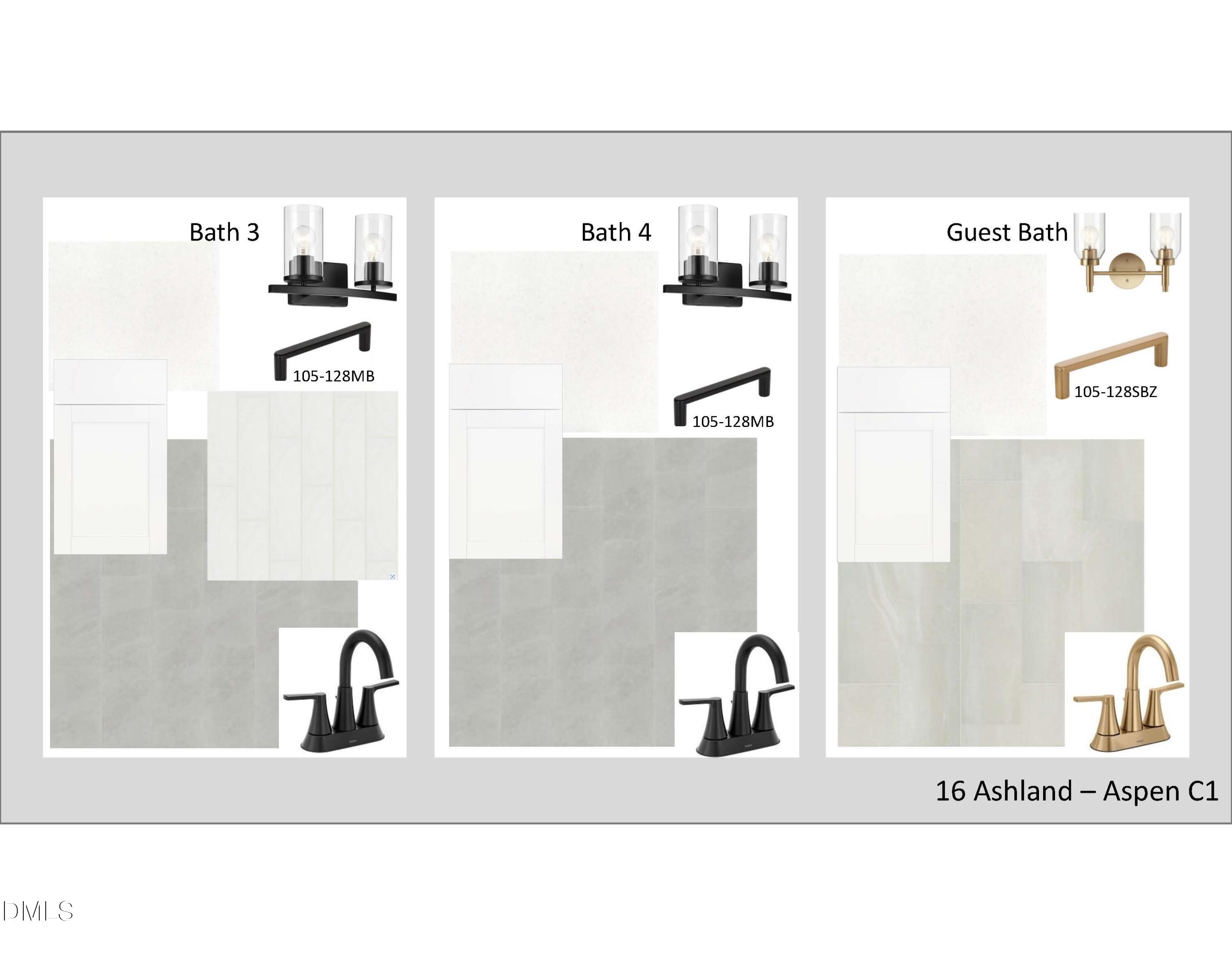 Bathroom design finishes including vanity lighting, hardware, and tile options for The Aspen C1 home in Ashland, Apex, NC.