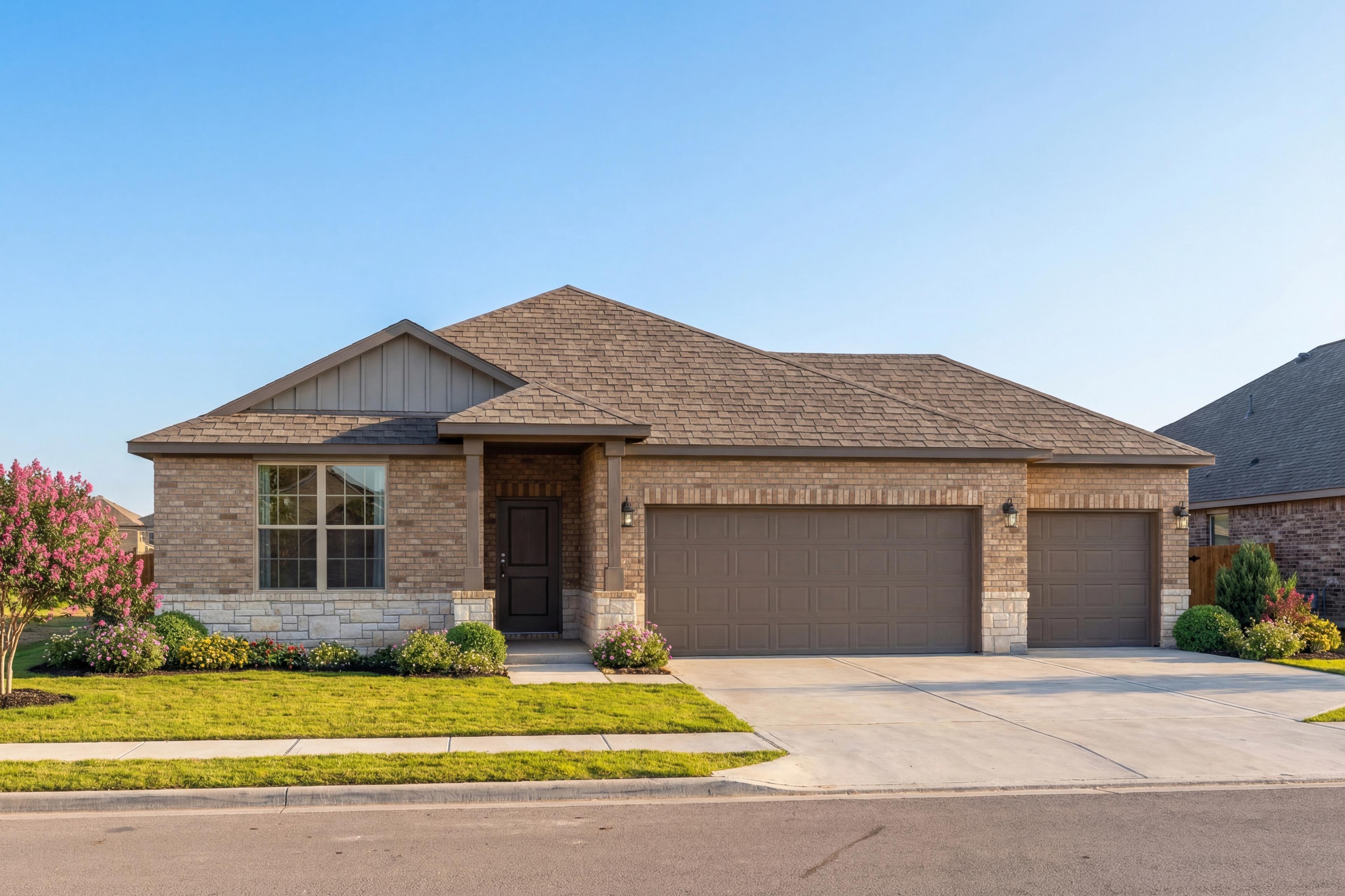 Contemporary brick and siding elevation of The Daphne F single-story home with 3-car garage in Dayton Texas