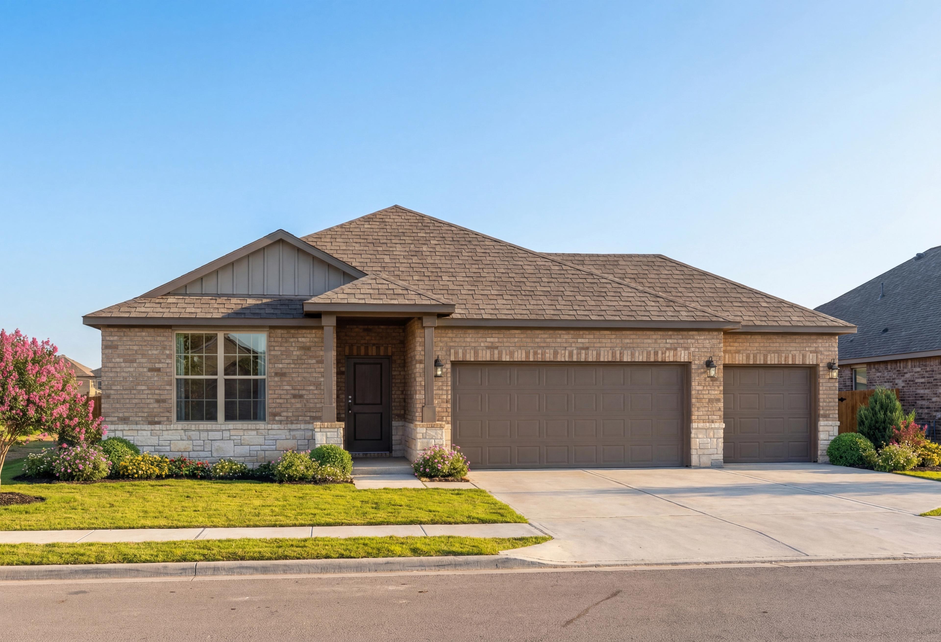 Contemporary brick and siding elevation of The Daphne F single-story home with 3-car garage in Dayton Texas