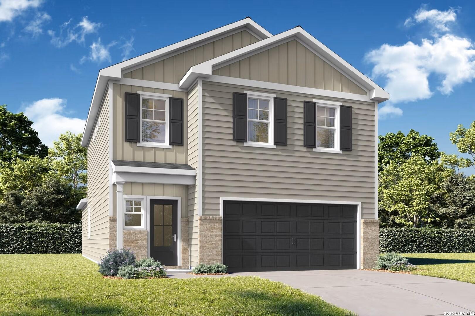 Two-story Meadowbrook B floor plan by Davidson Homes in Morgan Meadows, San Antonio, featuring a 2-car garage exterior.