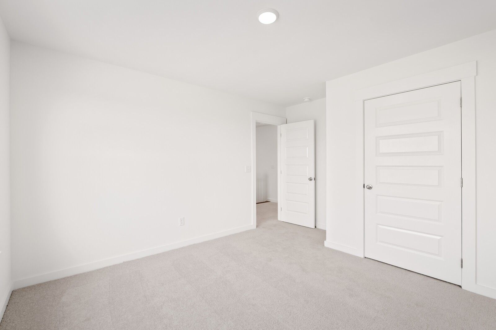 Spacious empty bedroom with white paneled doors to closet and bath, beige carpet in Davidson Homes The Ash C, Mt. Juliet