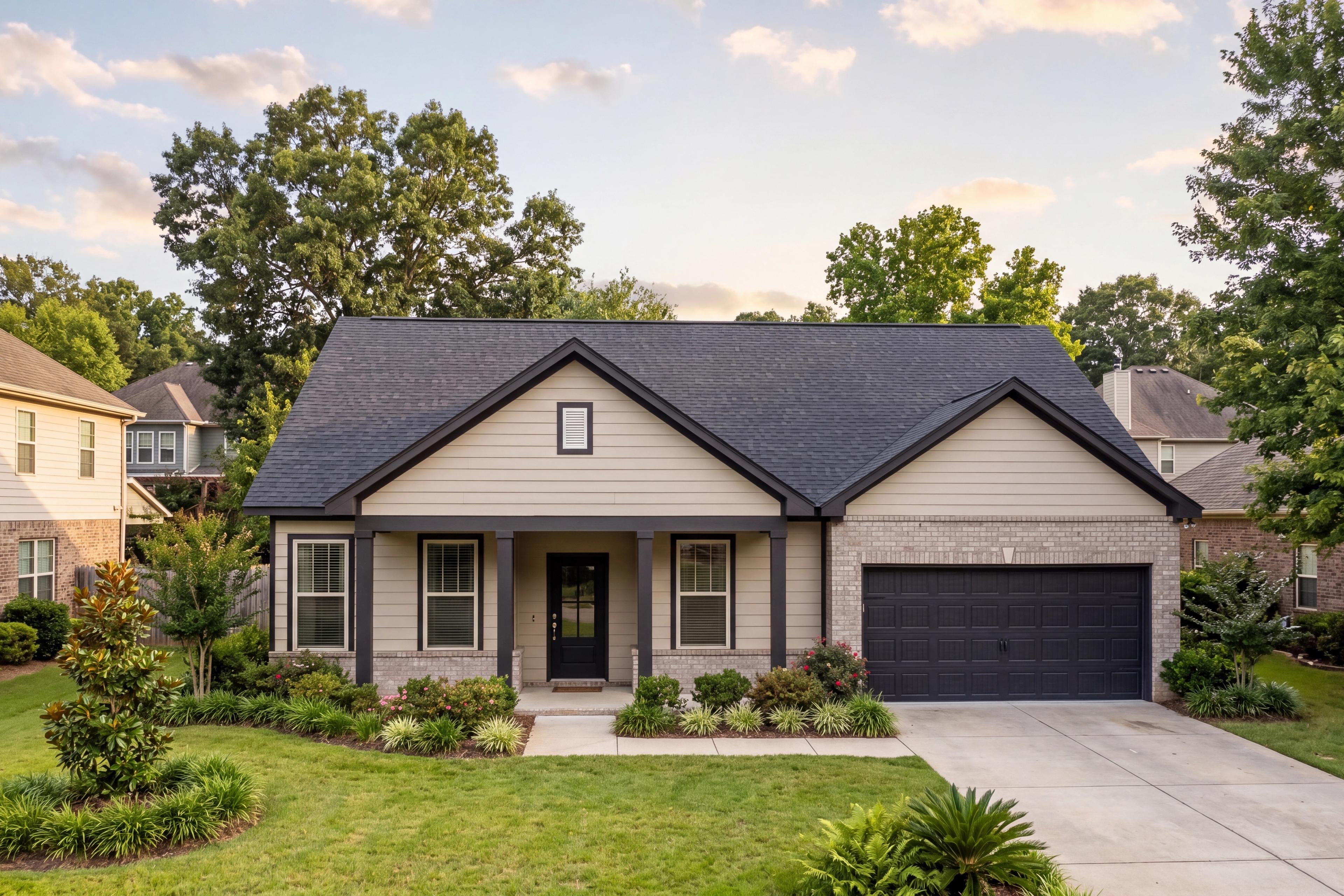 Exterior elevation of The Hibiscus D by Davidson Homes featuring a 1-story design with cement-concrete siding in Priceville.